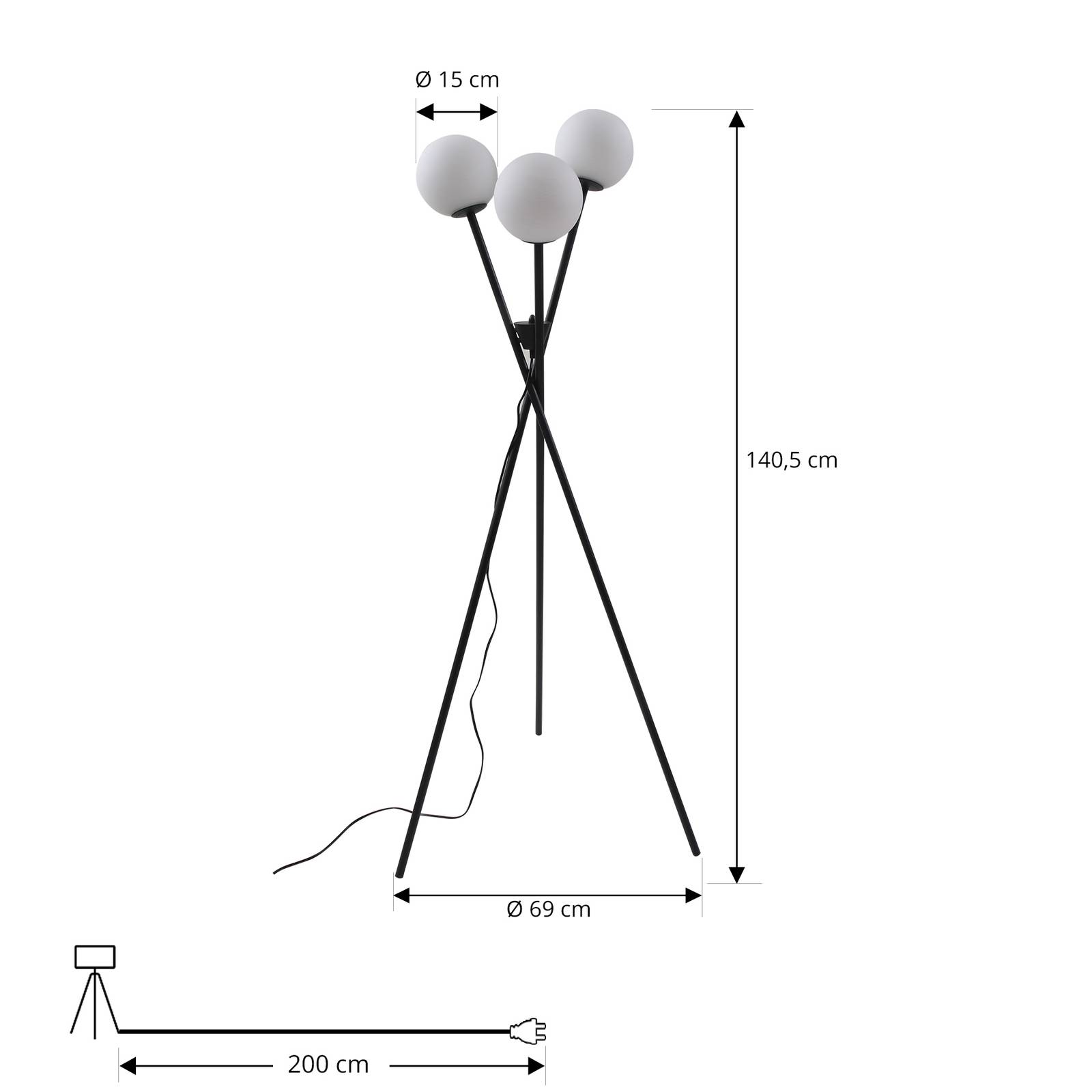 Lampa stojąca Lucande Visata, czarny, szkło, 3-punktowa, statyw