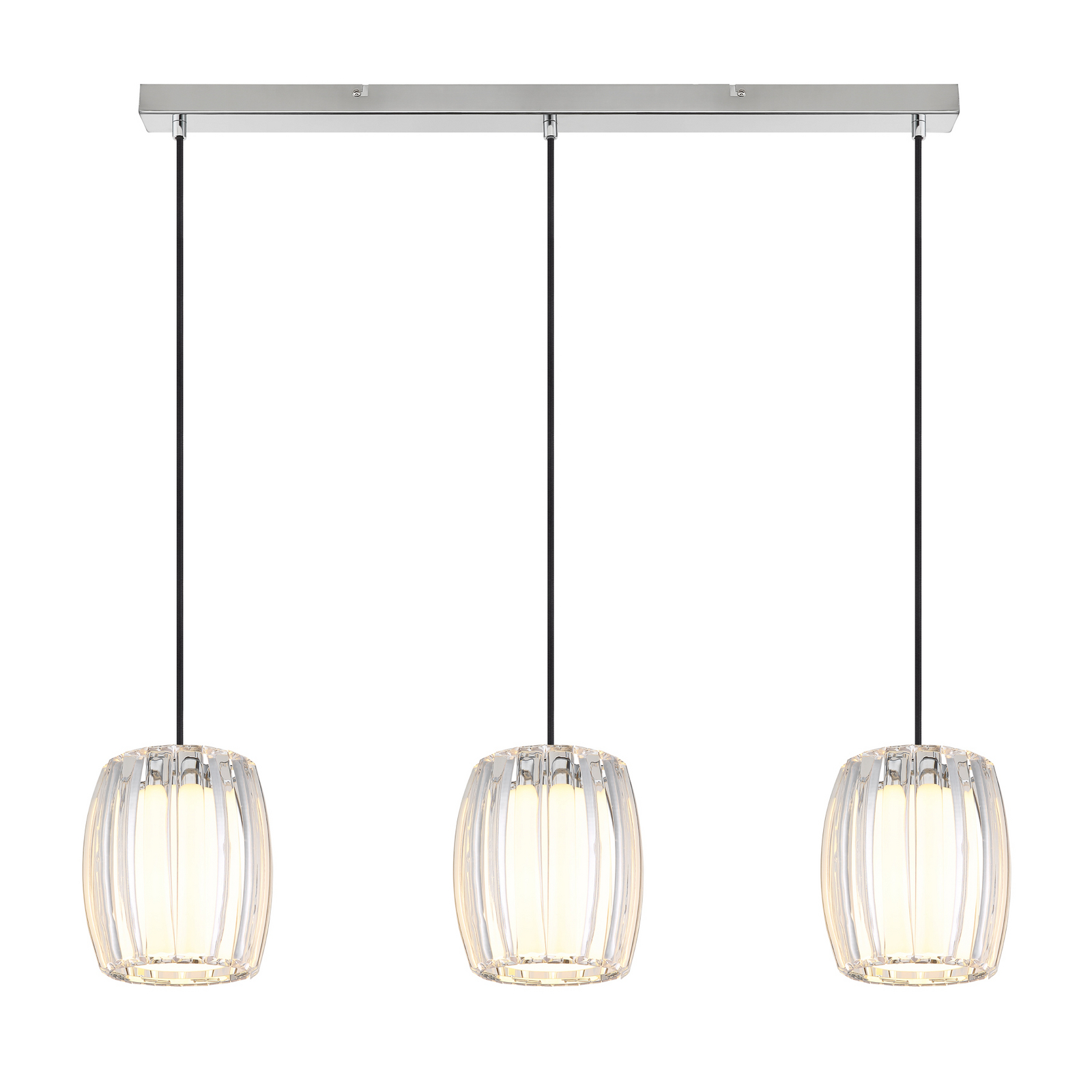 Lampă suspendată Maribel, lungime 86 cm, crom/transparent, metal, cu 3 becuri. Lampă suspendată Maribel, lungime 86 cm, crom/transparent, metal, cu 3 becuri.
