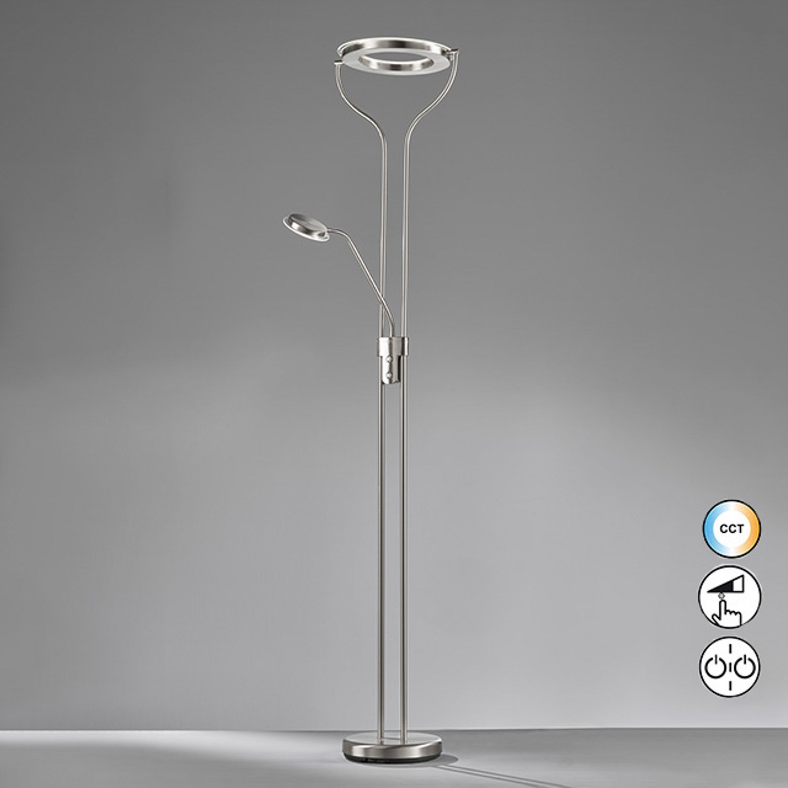LED-gulvlampe Davos, nikkelfarget, høyde 180 cm, 2 lyskilder, CCT LED-gulvlampe Davos, nikkelfarget, høyde 180 cm, 2 lyskilder, CCT