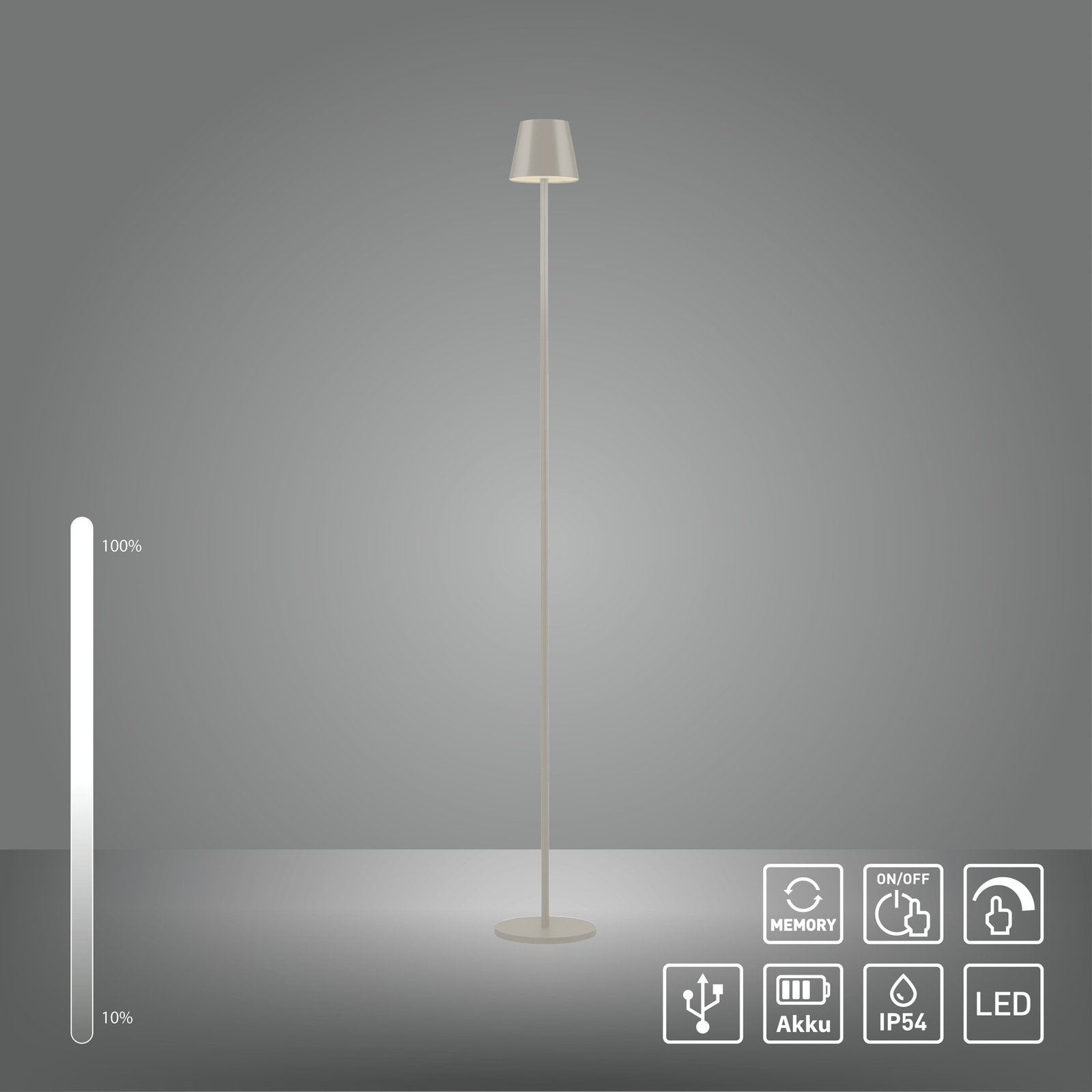 JUST LIGHT. LED-Akku-Stehlampe Euria, grau-beige, Eisen IP54