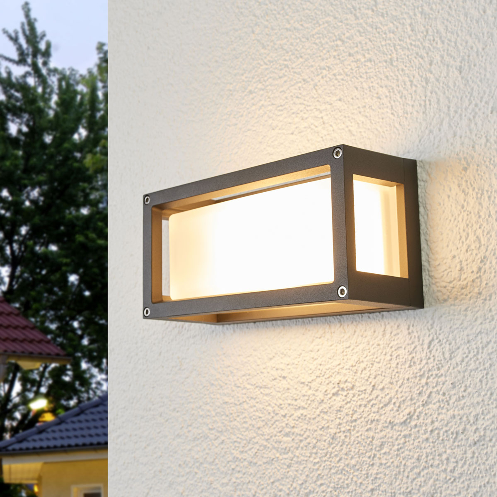 Lucande Aurelien - outdoor wall light with grey frame, glass, die-cast aluminium, E27, 20 W, energy efficiency: A++, W: 25 cm, H: 12.5 cm