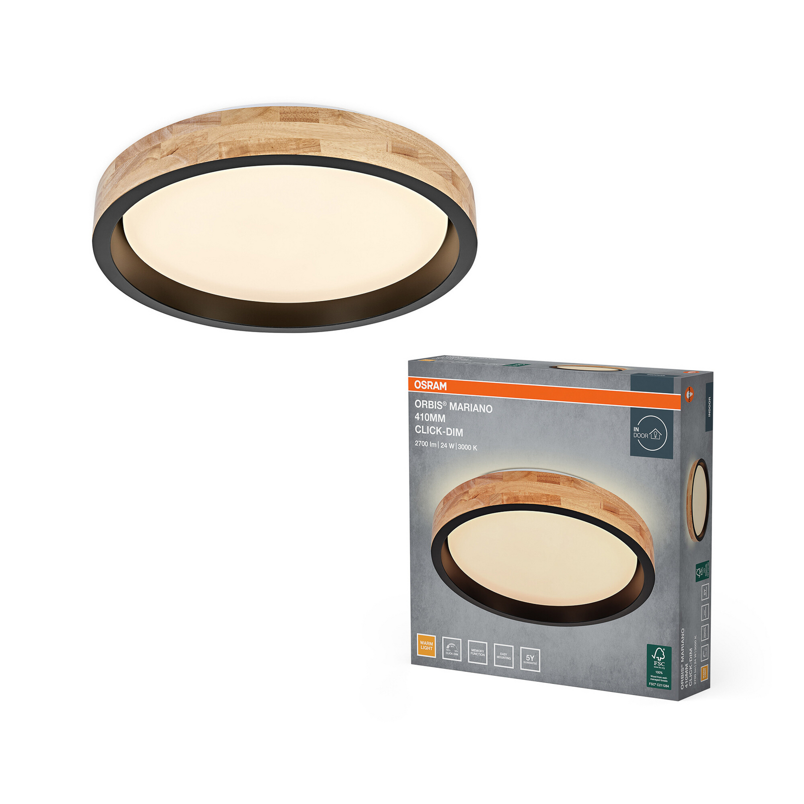 Φωτιστικό οροφής LED OSRAM ORBIS MARIANO ξύλο/μαύρο Ø 41 cm με ρυθμιστή έντασης Φωτιστικό οροφής LED OSRAM ORBIS MARIANO ξύλο/μαύρο Ø 41 cm με ρυθμιστή έντασης