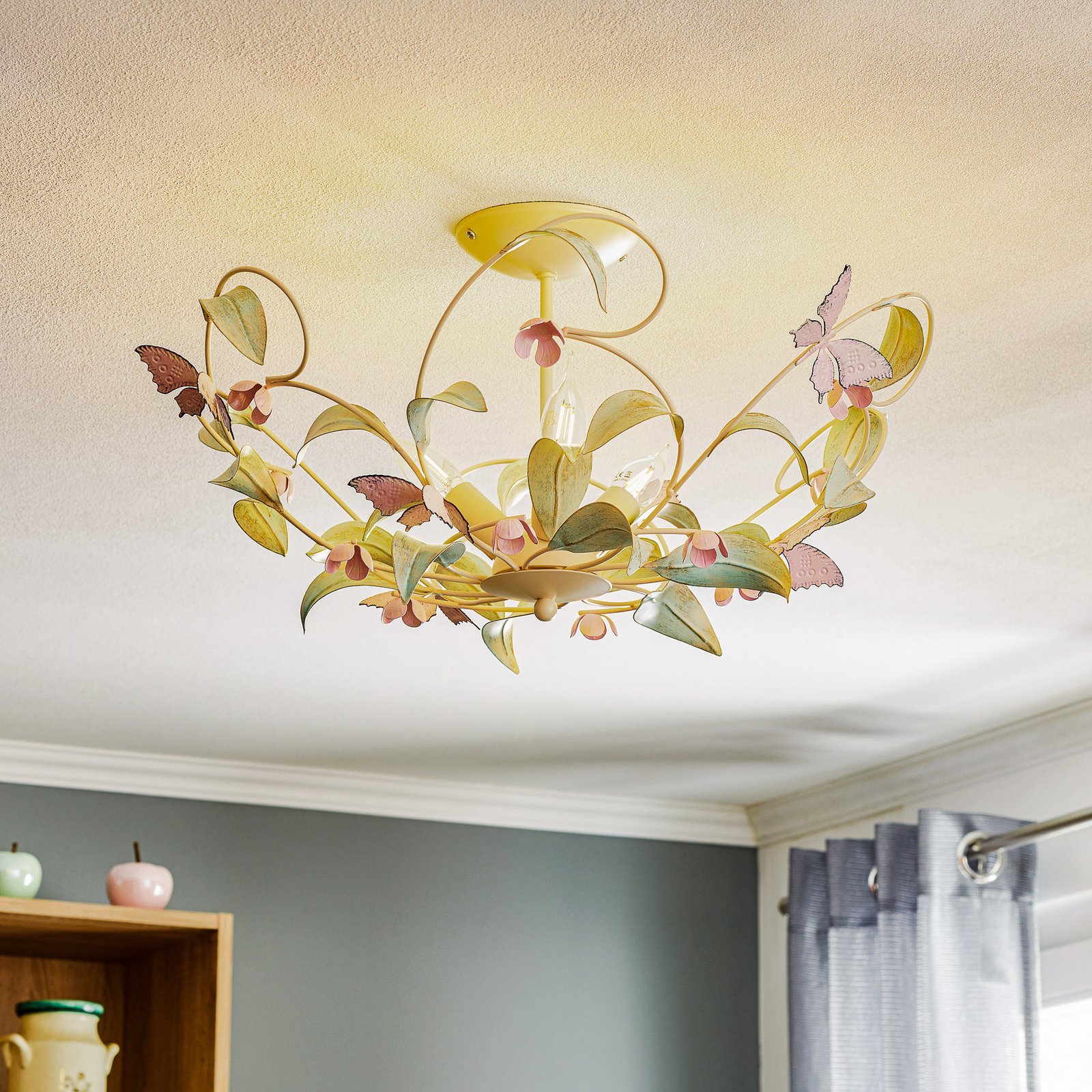 Butterfly ceiling light, white/green/pink, 3-bulb