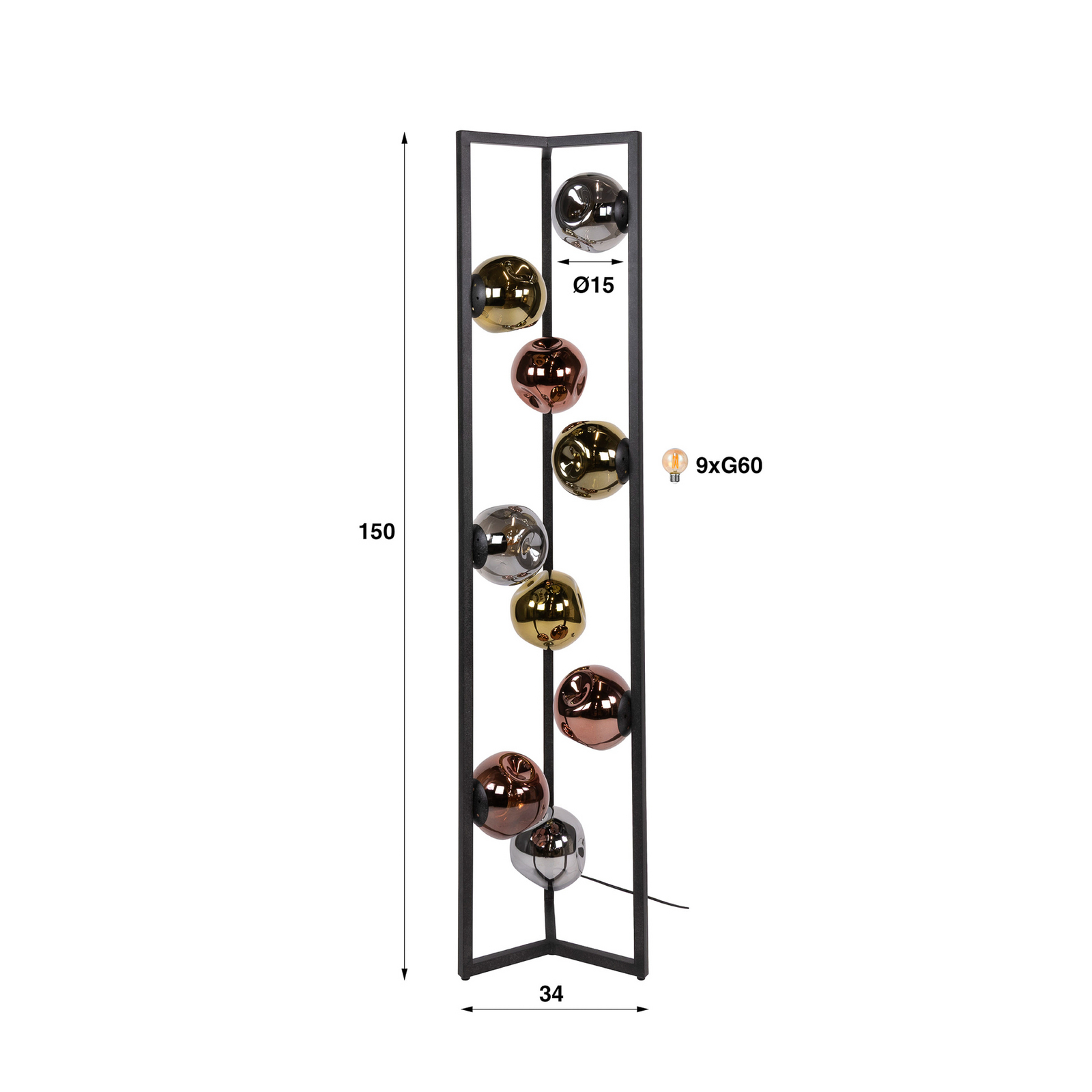Stojací lampa Stellar, černá, sklo, 9 žárovek, E27, 150 cm