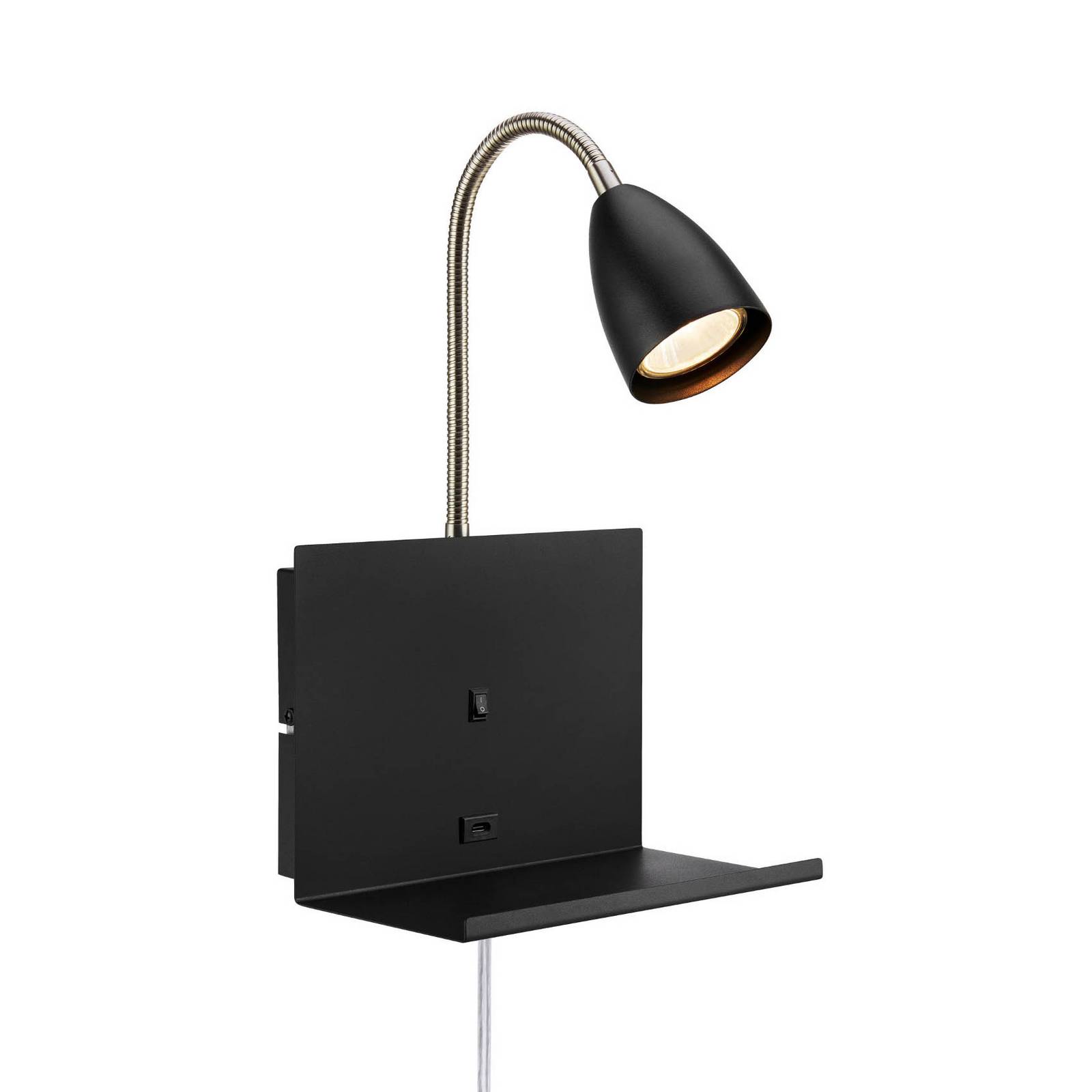 Lampa ścienna Cuarto czarna 30 cm żelazko wtyczka port USB półka