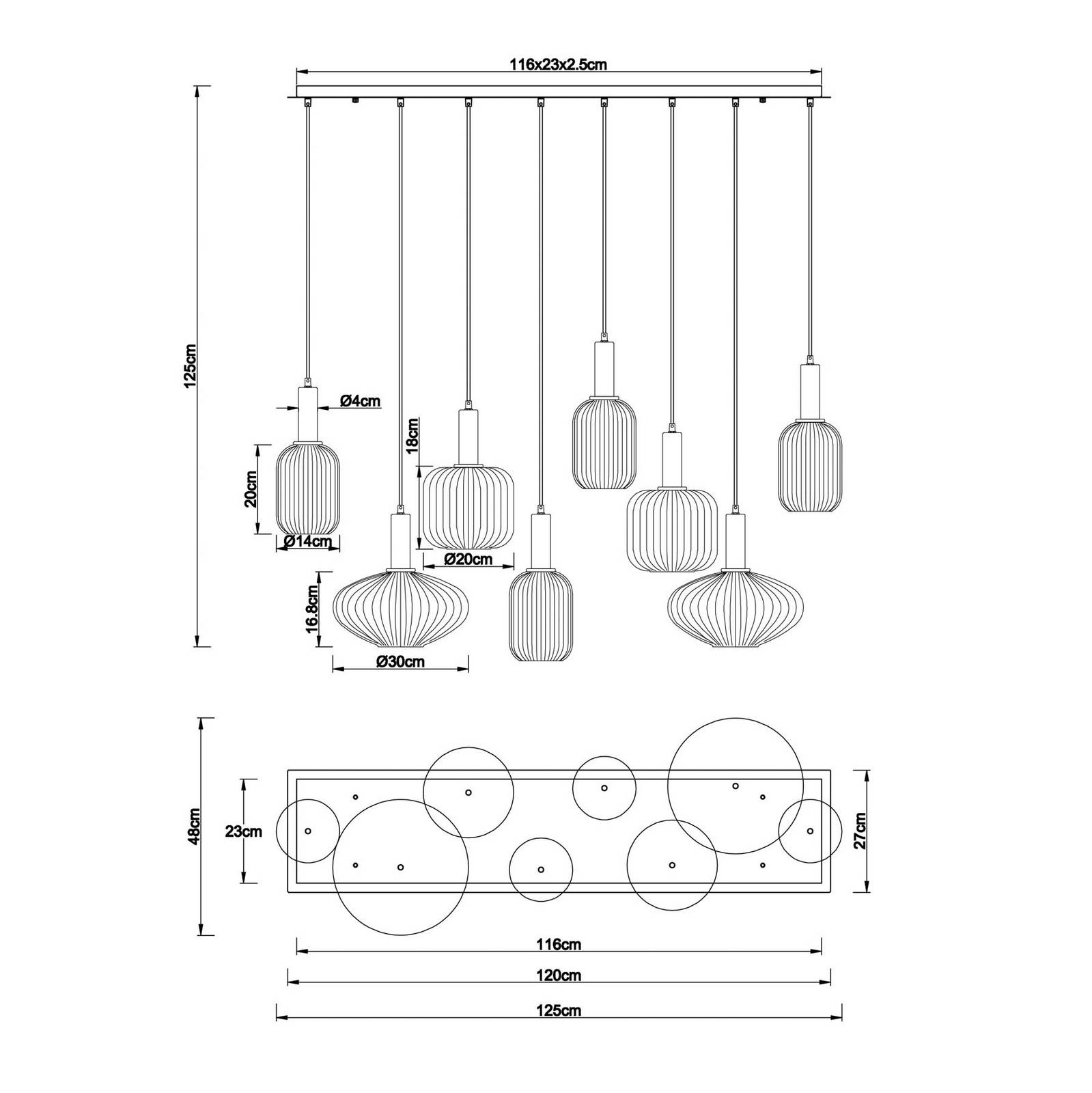 Lampa wisząca Normy, długość 125 cm, kolorowa, szklana, 8-punktowa.