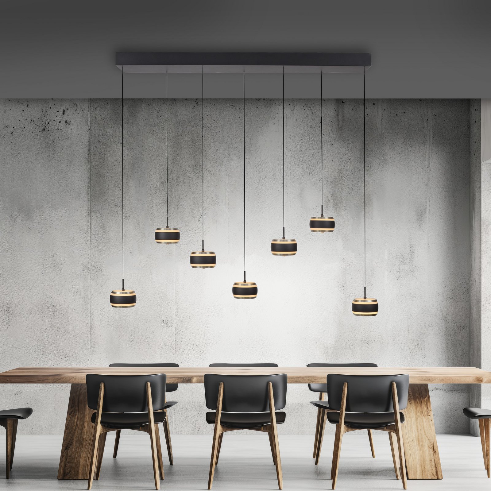 PURE LED-Hängelampe Falling Rings schwarz Länge 132 cm 7-fl.