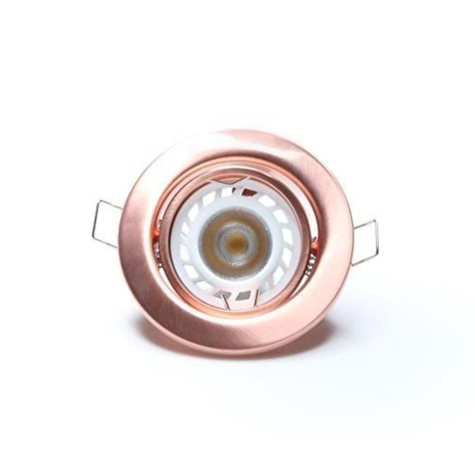 Pivotable low-volt recessed light 68, copper