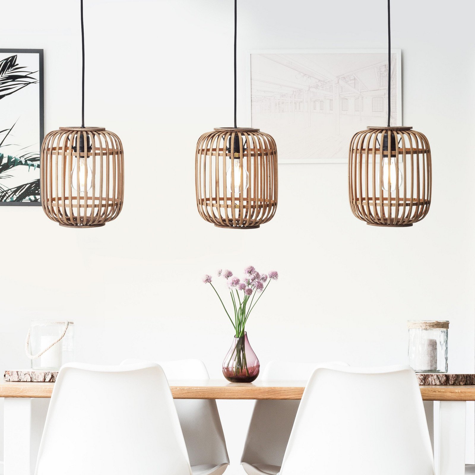Brilliant Lampă suspendată Woodrow lungime 105 cm lemn deschis 3 lumini bambus - Camera de zi / sufragerie - Casă de țară / Rustic - lemn deschis negru - Bamboo