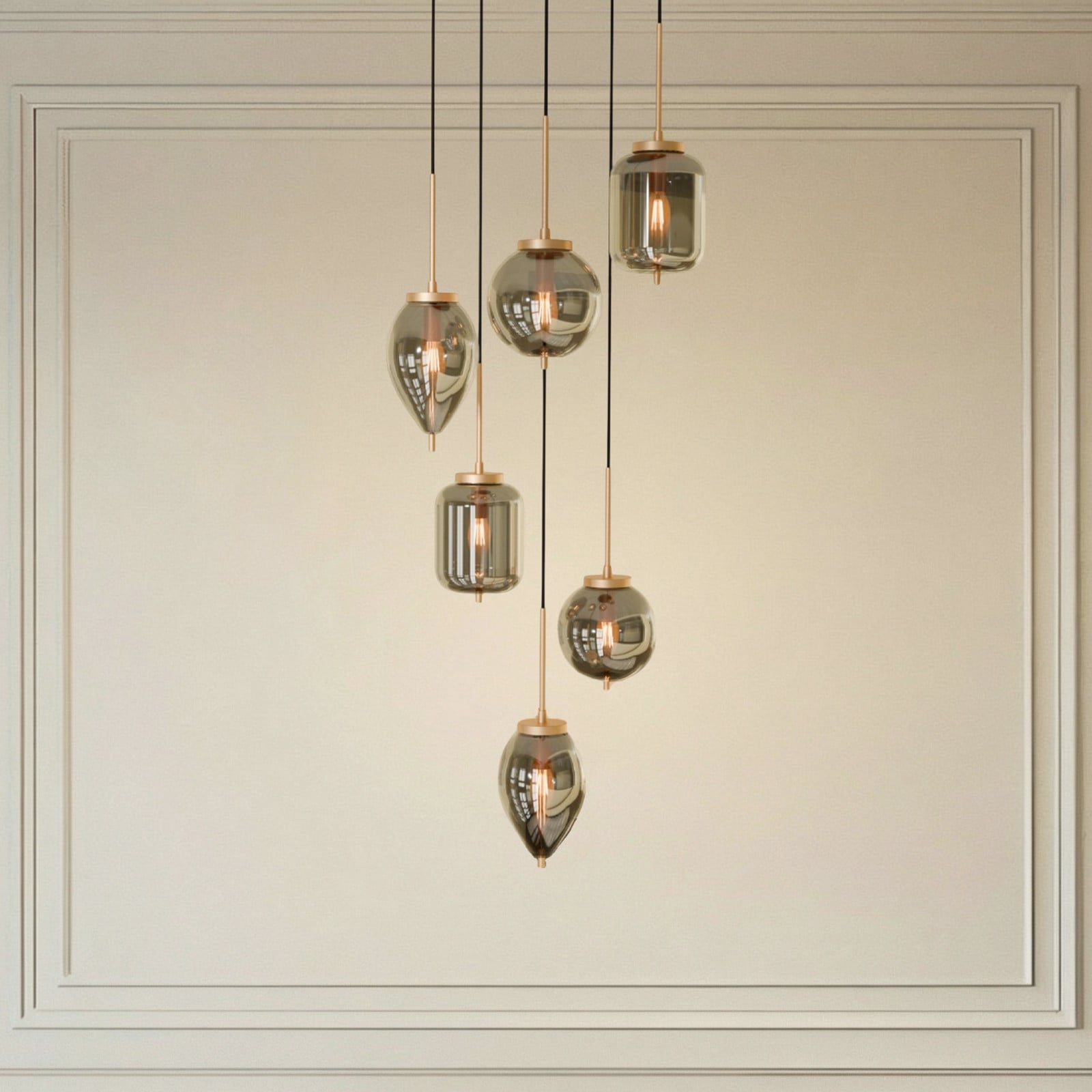 Lampa suspendată Lucande Elani 6 becuri Ø 62 cm sticlă - Camera de zi / sufragerie - Modern - negru auriu