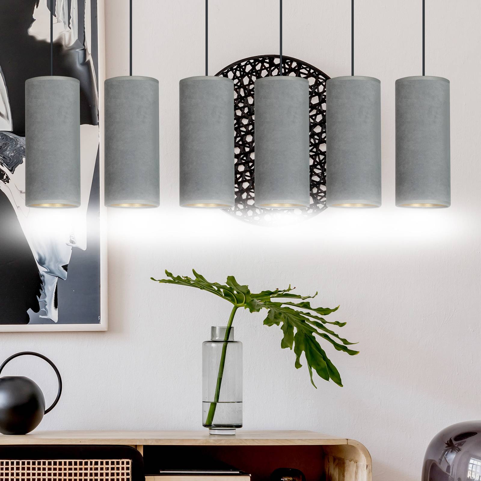 Euluna Suspension Joni tissu allongée 6 lampes gris doré