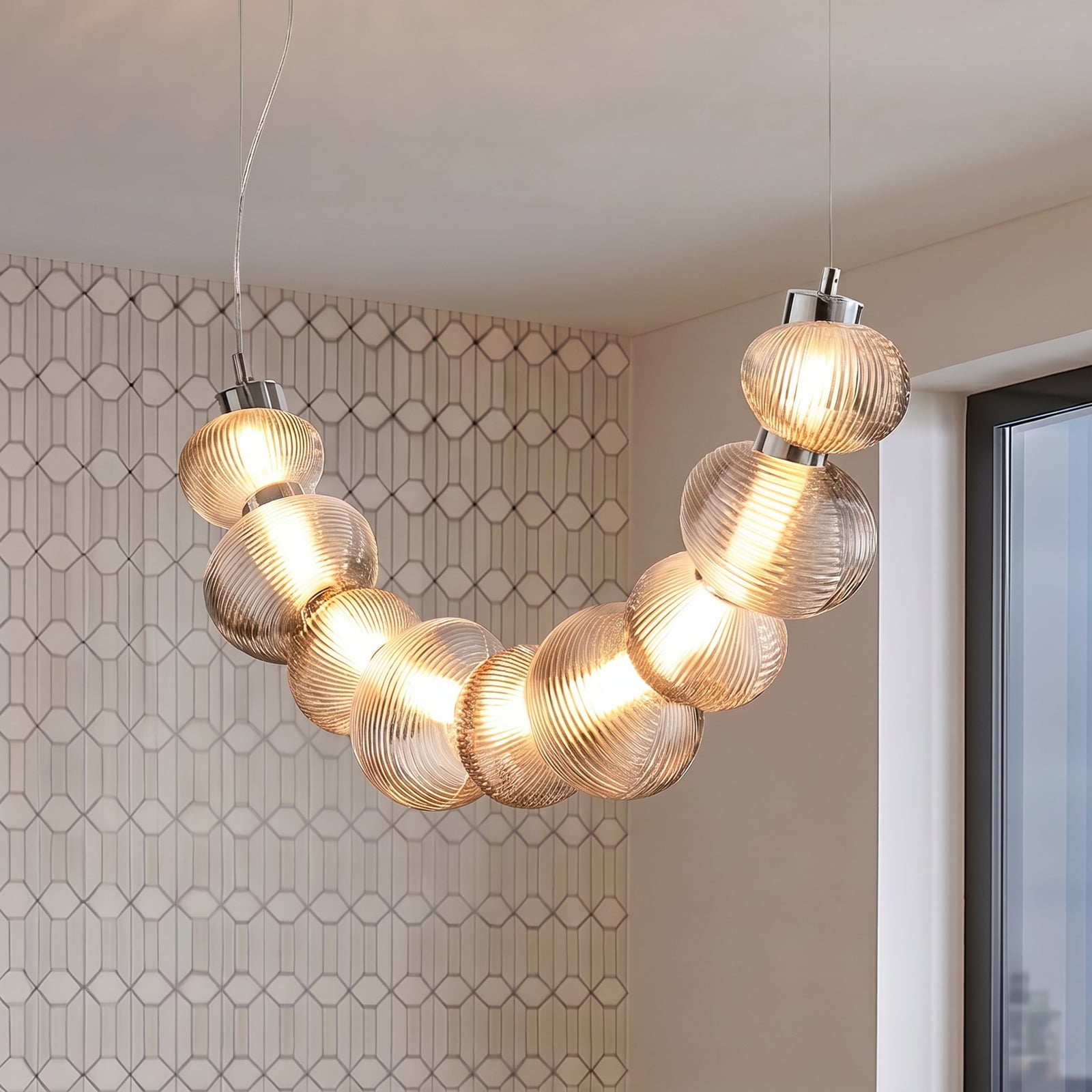 Bolla LED pendant light, chrome/smoke grey, glass, length 79.5 cm