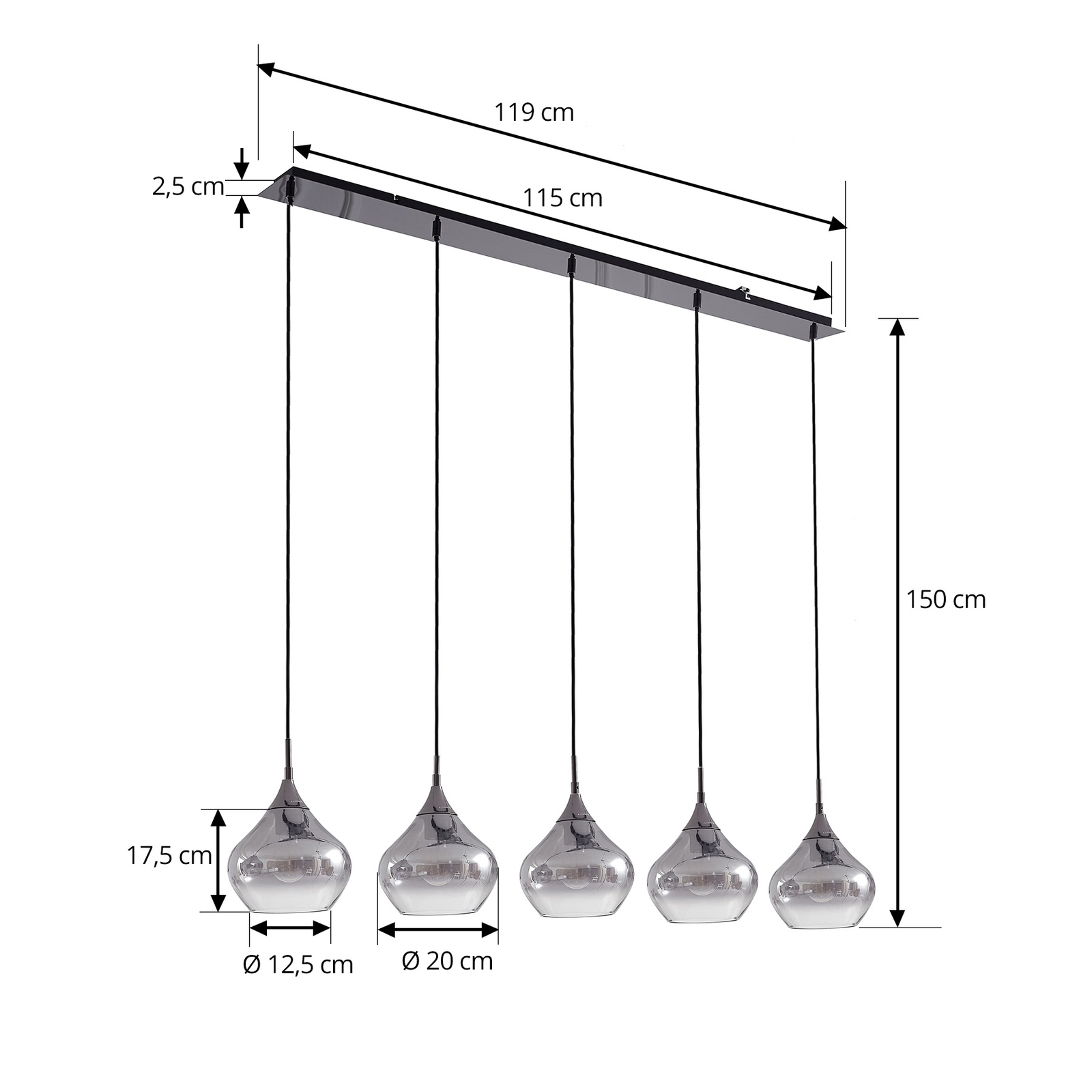 Lucande Jarven hanglamp, 5-lamps, zwart, glas