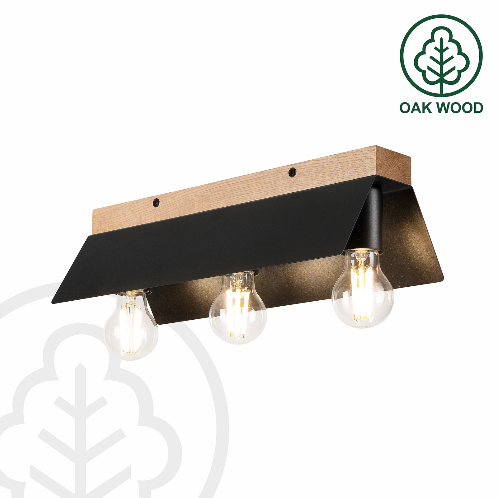 Lámpara de techo Esme, negra, longitud 40 cm, metal/madera, 3 luces.