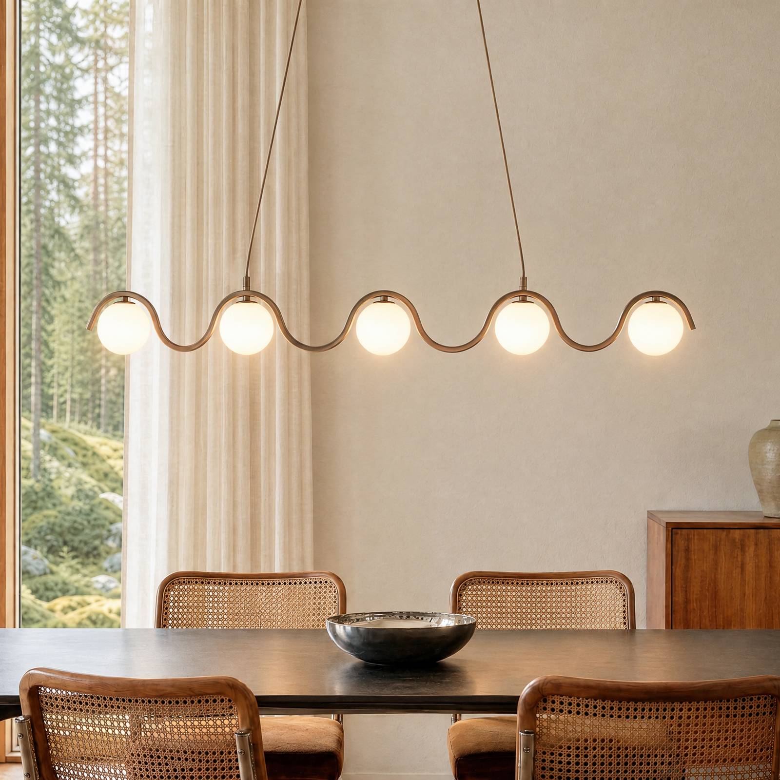 Hengelampe SINUS, beige, lengde 110 cm, 5 lyskilder, metall/glass