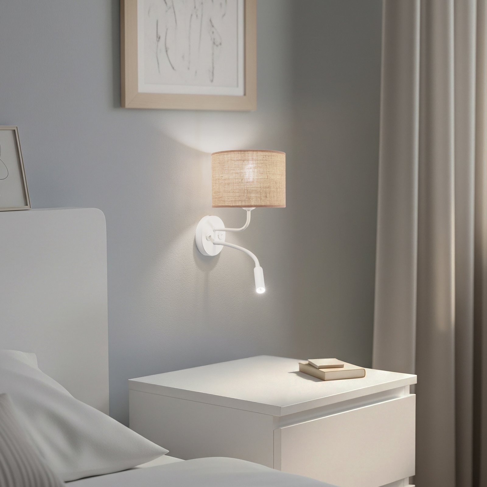 Aplică de perete din iută textilă maro/albă, cu lumină de citit Aplică de perete din iută textilă maro/albă, cu lumină de citit