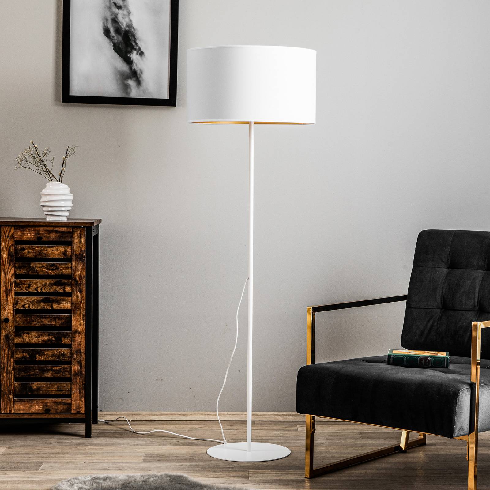 E-shop Stojaca lampa Roller, biela/zlatá, výška 145 cm