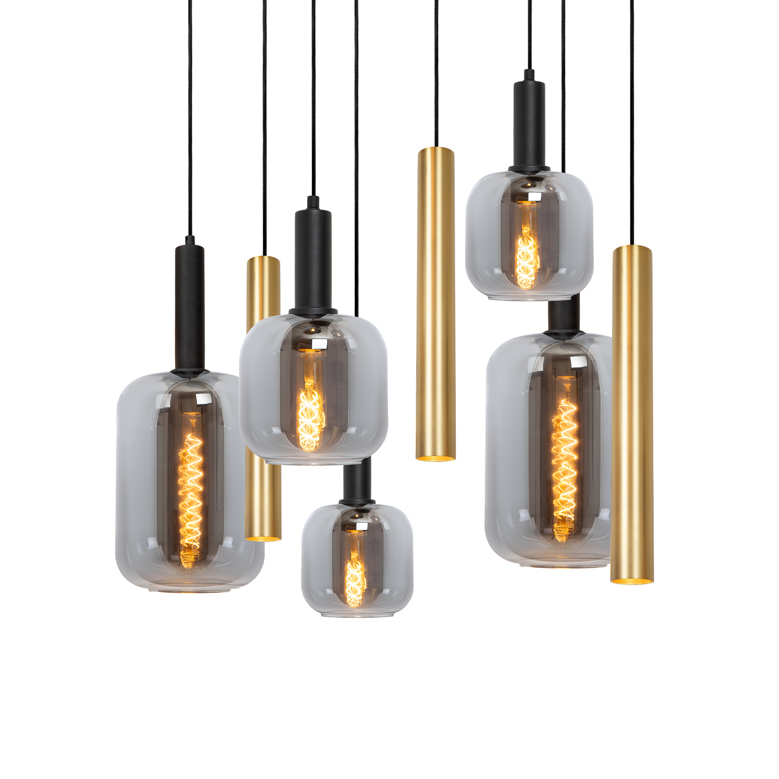 Hängelampe Joanet, Länge 130 cm, rauch/messing, Glas, 9-flg.