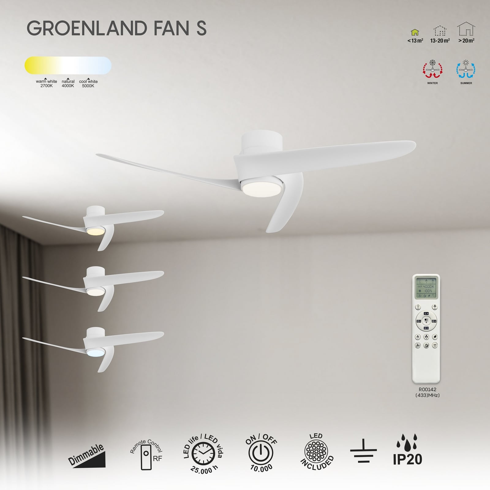 Smart LED plafondventilator Groenland S wit, stil - Mantra