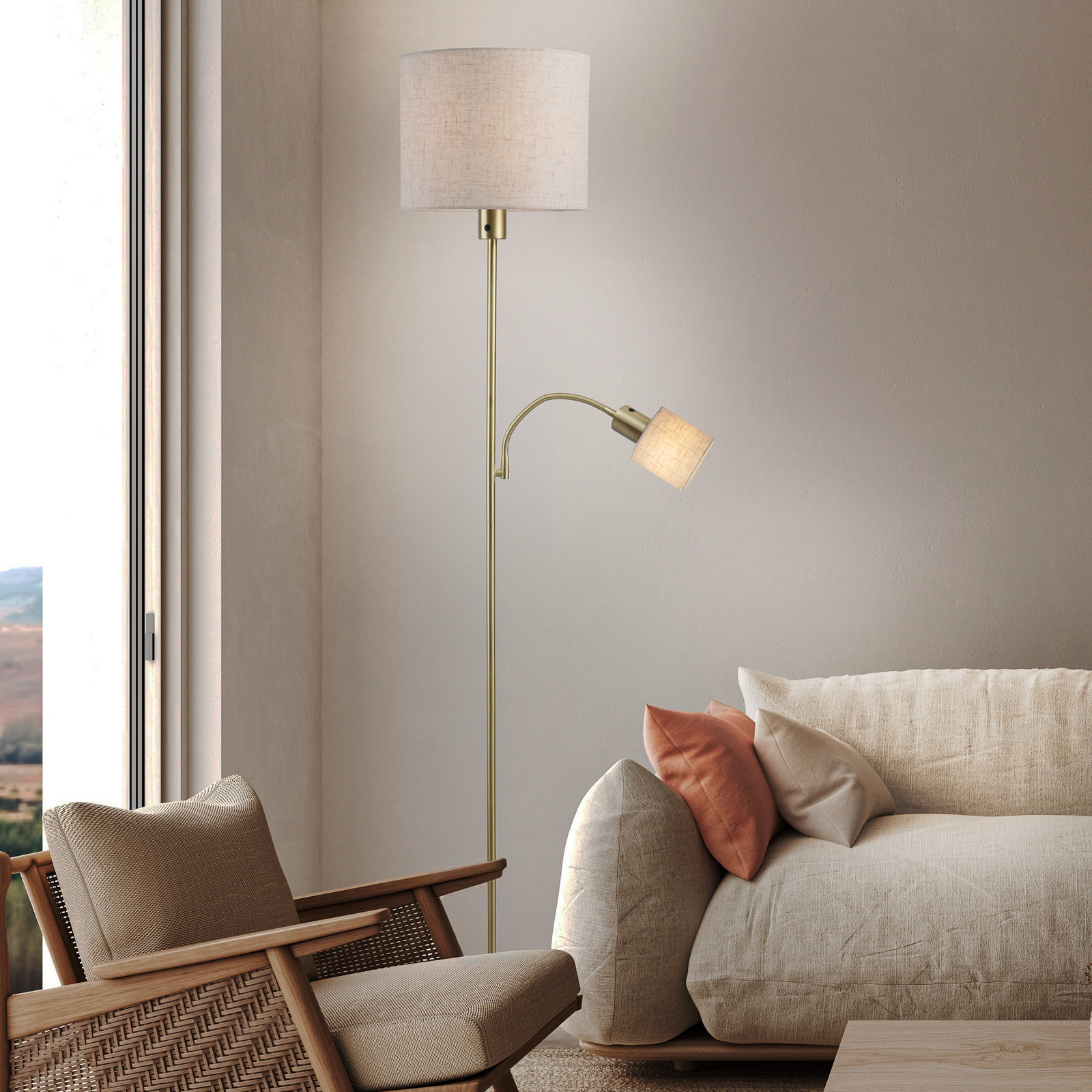 Filomena podna lampa, bež/mesing, tekstil, krak za čitanje, E27, E14 Filomena podna lampa, bež/mesing, tekstil, krak za čitanje, E27, E14