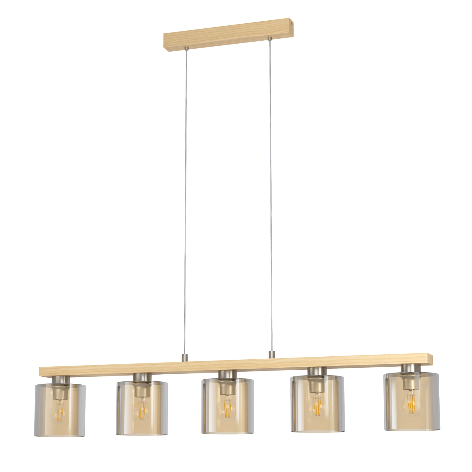 EGLO Castralvo hanging light, five glass lampshades, for Living / Dining Room, wood, glass, E27, 28 W, energy efficiency: A++, L: 121 cm, W: 15 cm