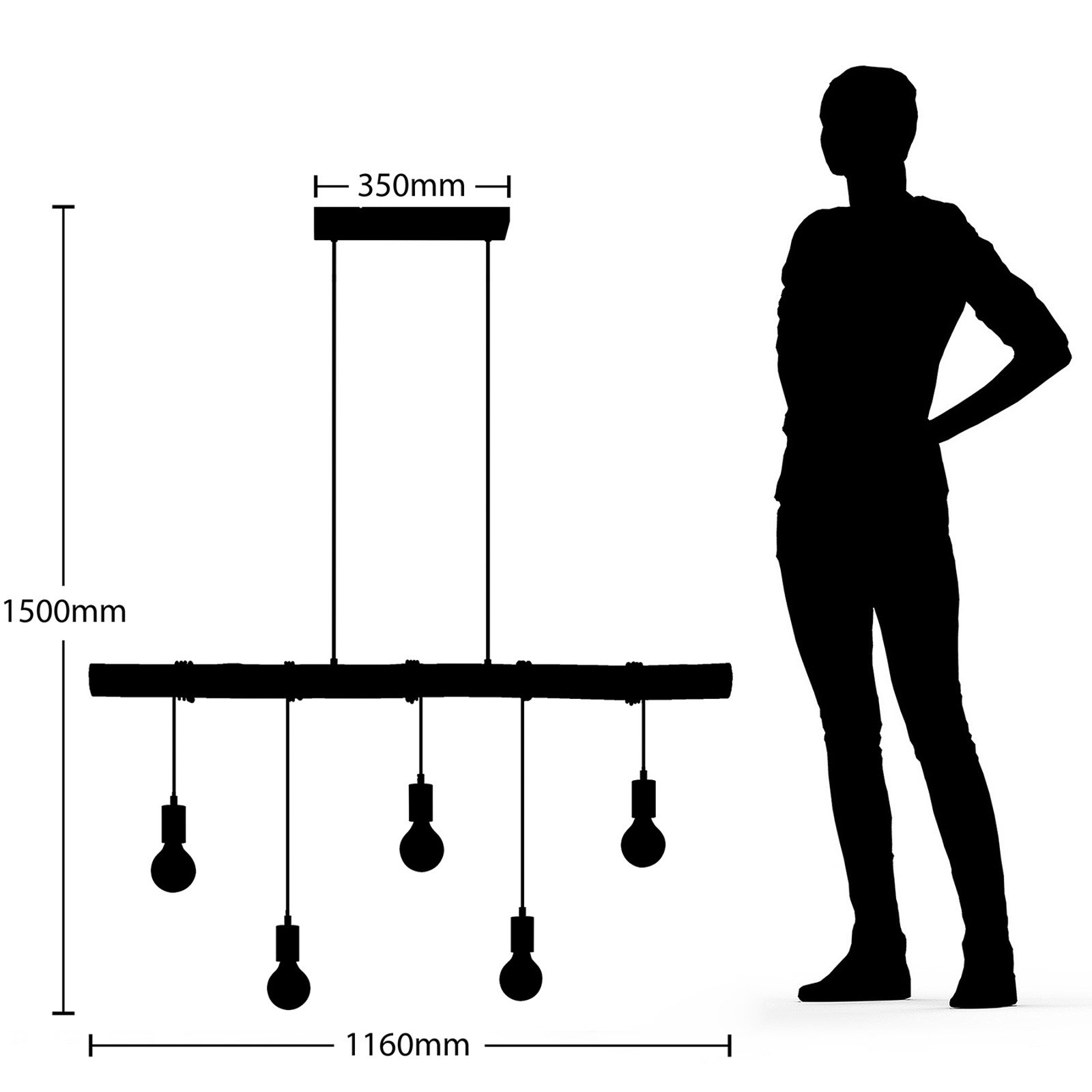 Lindby hængelampe Rom, 5 lyskilder, træ, reb, sort, 116 cm