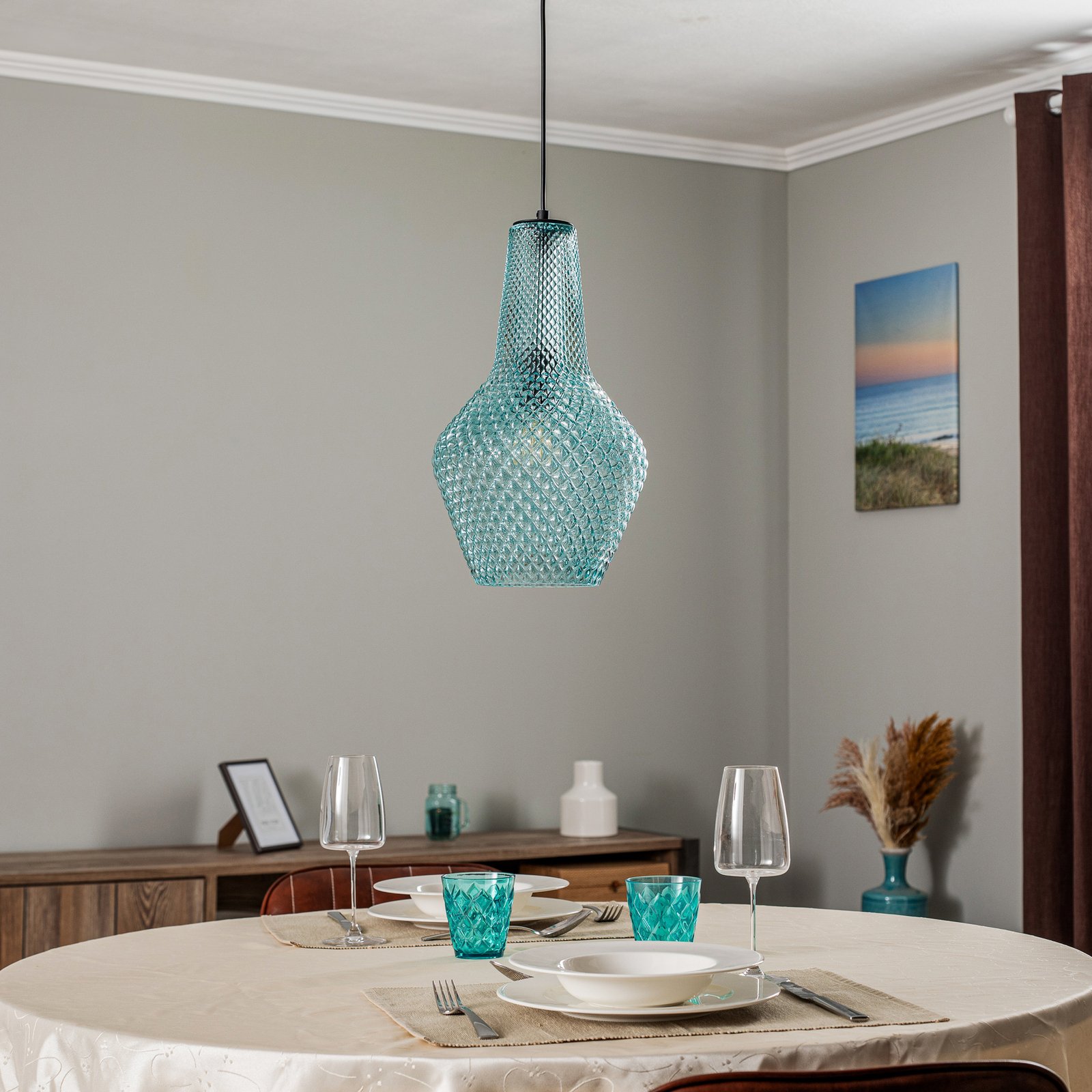 Lindby, candeeiro suspenso Drakar, 1 lâmpada, azul claro, vidro, Ø 25 cm