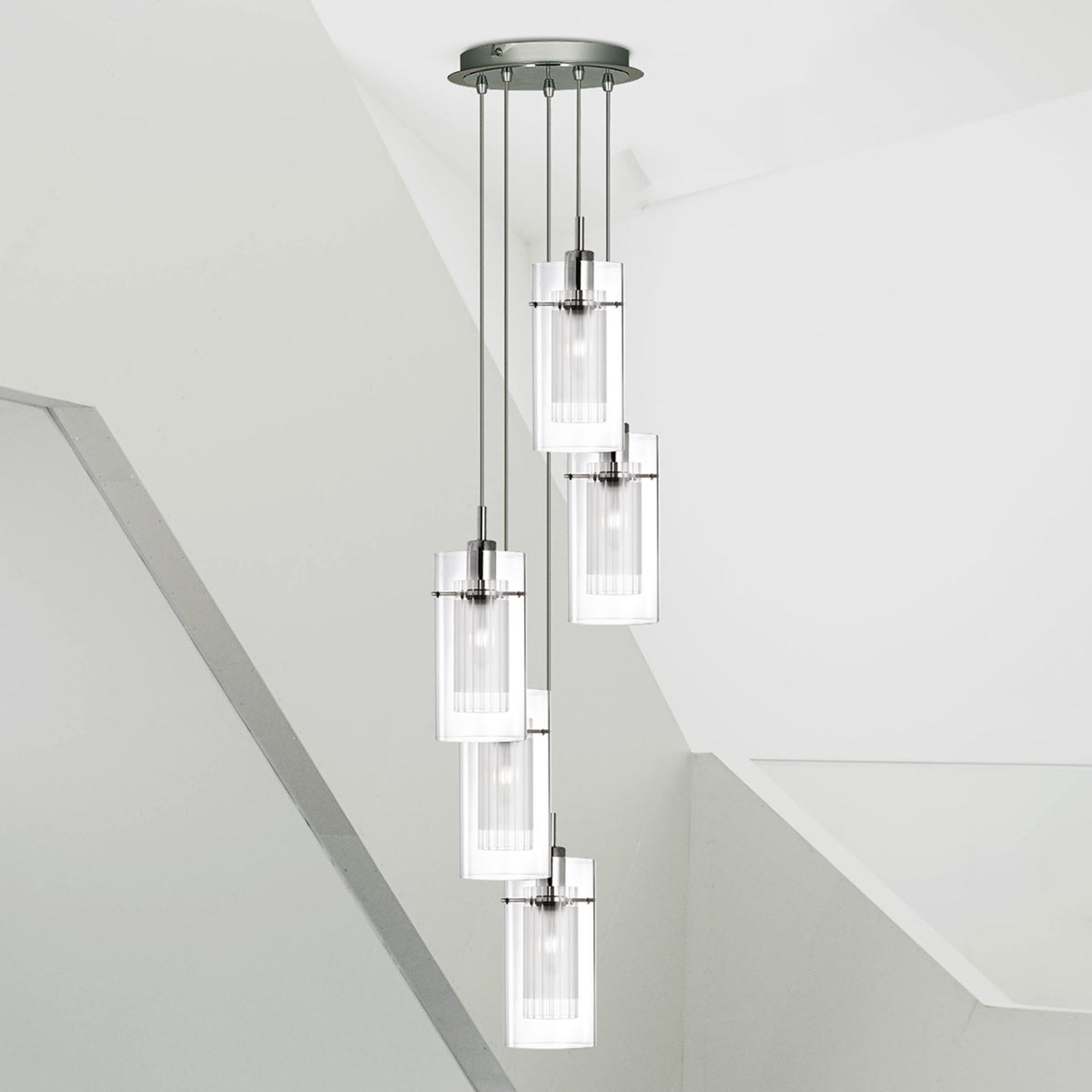 Searchlight Duo 1 hanging light, round, five-bulb, for Living / Dining Room, metal, glass, E14, 40 W, energy efficiency: A++