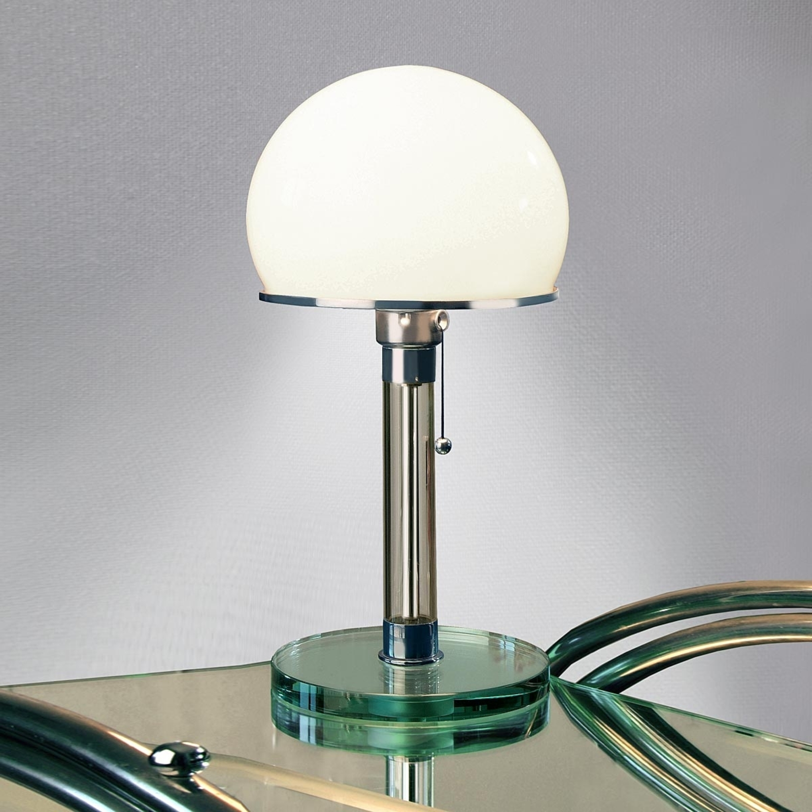 Tecnolumen TECNOLUMEN Wagenfeld WG24 table lamp, glass base, for Living / Dining Room, handblown opal glass, clear glass, nickel-plated metal, textile, E27, 75 W, energy efficiency: A++, H: 36 cm