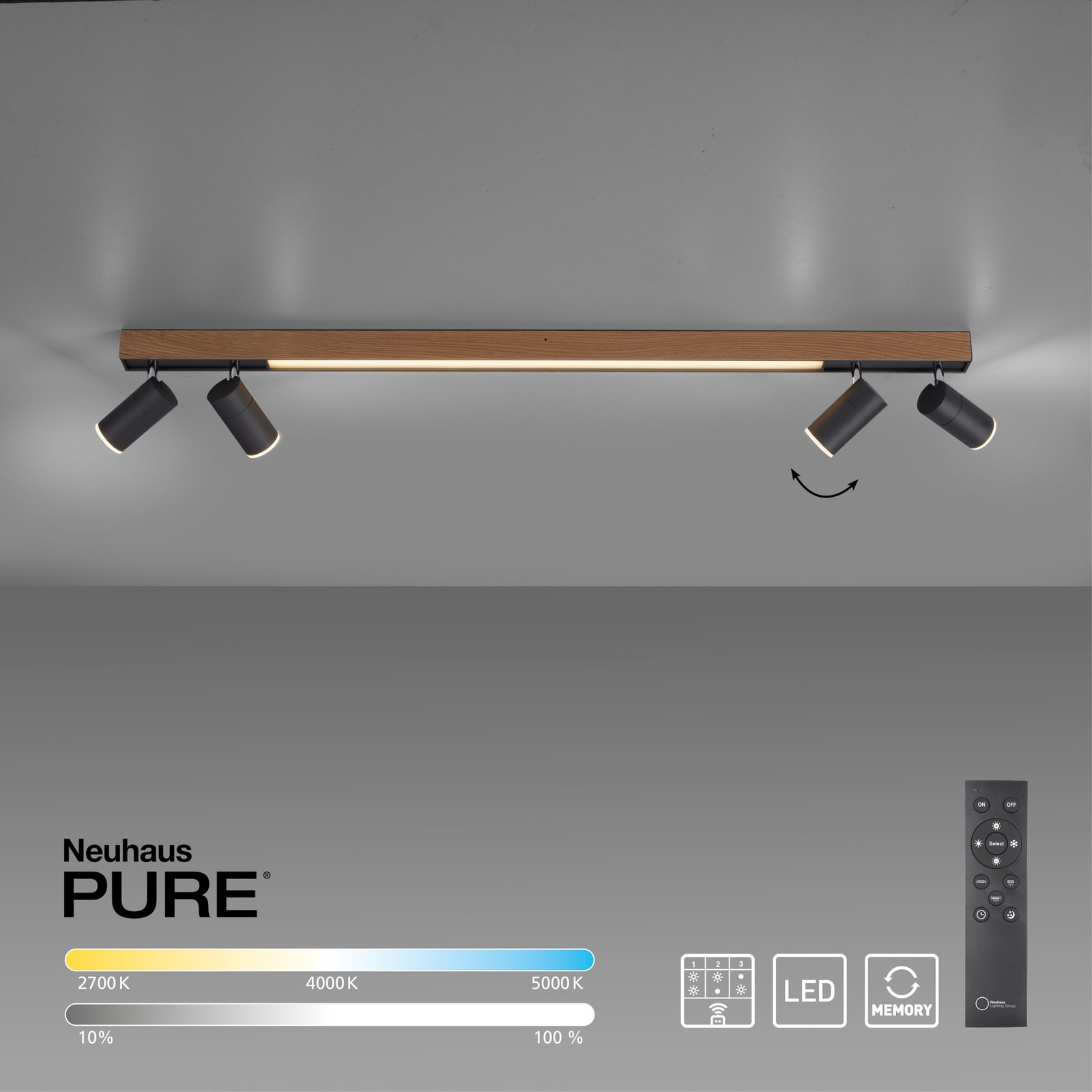 PURE Lines plafón LED, 4 luces, madera