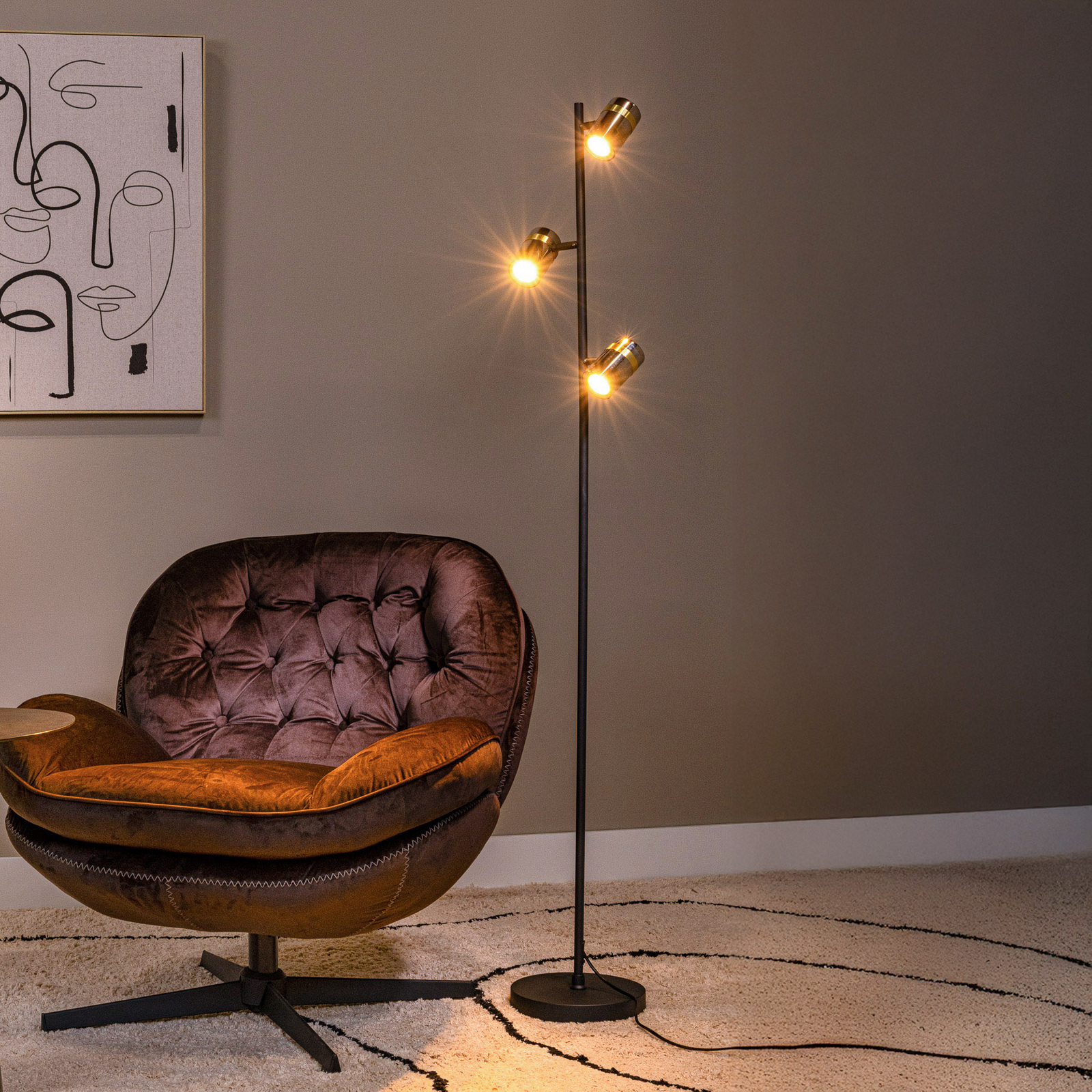 Vloerlamp Upton, hoogte 154 cm, zwart/rookgrijs, 3-lamps.