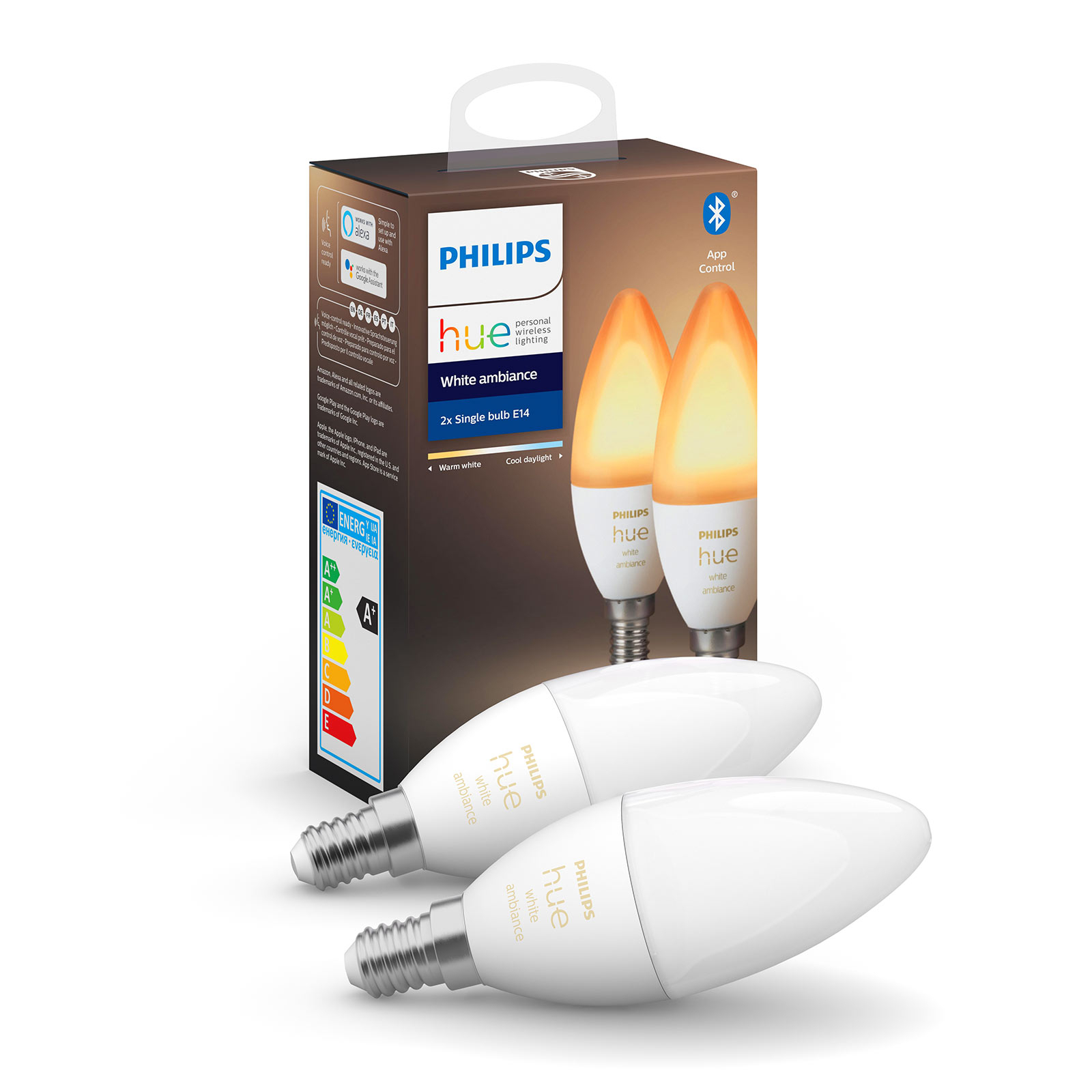 PHILIPS HUE Philips Hue candle bulb White Ambiance 2x E14 5.2W, plastic, E14, 5.2 W, energy efficiency: A+, L: 11.7 cm