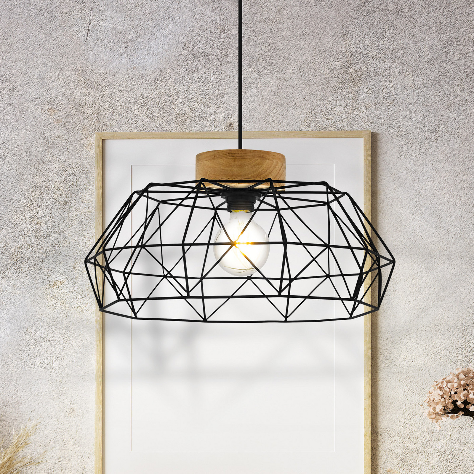 EGLO Lampă susp Padstow abajur colivie detaliu de lemn - Camera de zi / sufragerie - Vintage - negru natur - Metal