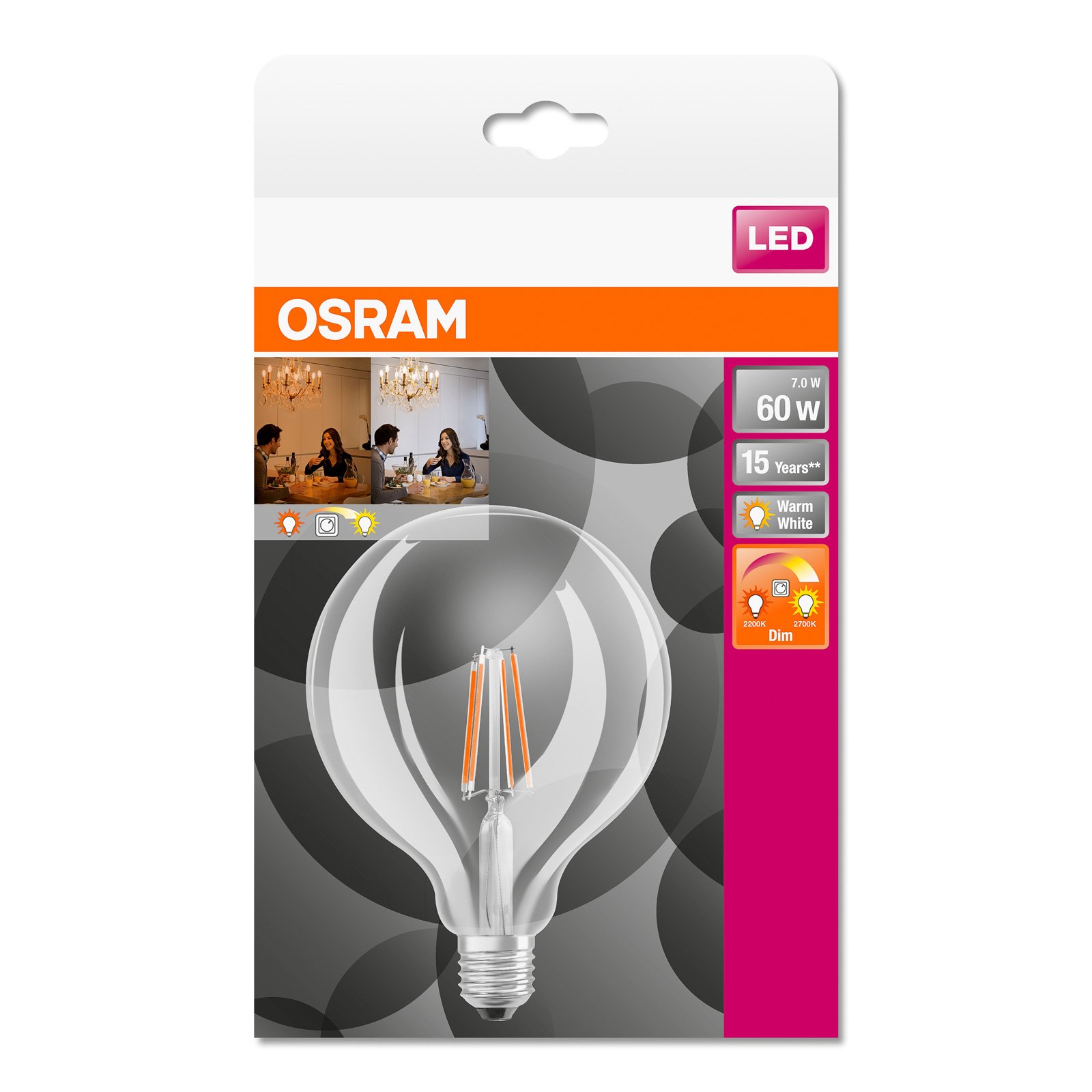 OSRAM-LED-globe-lamppu E27 6,5W G125 827 Glow dim
