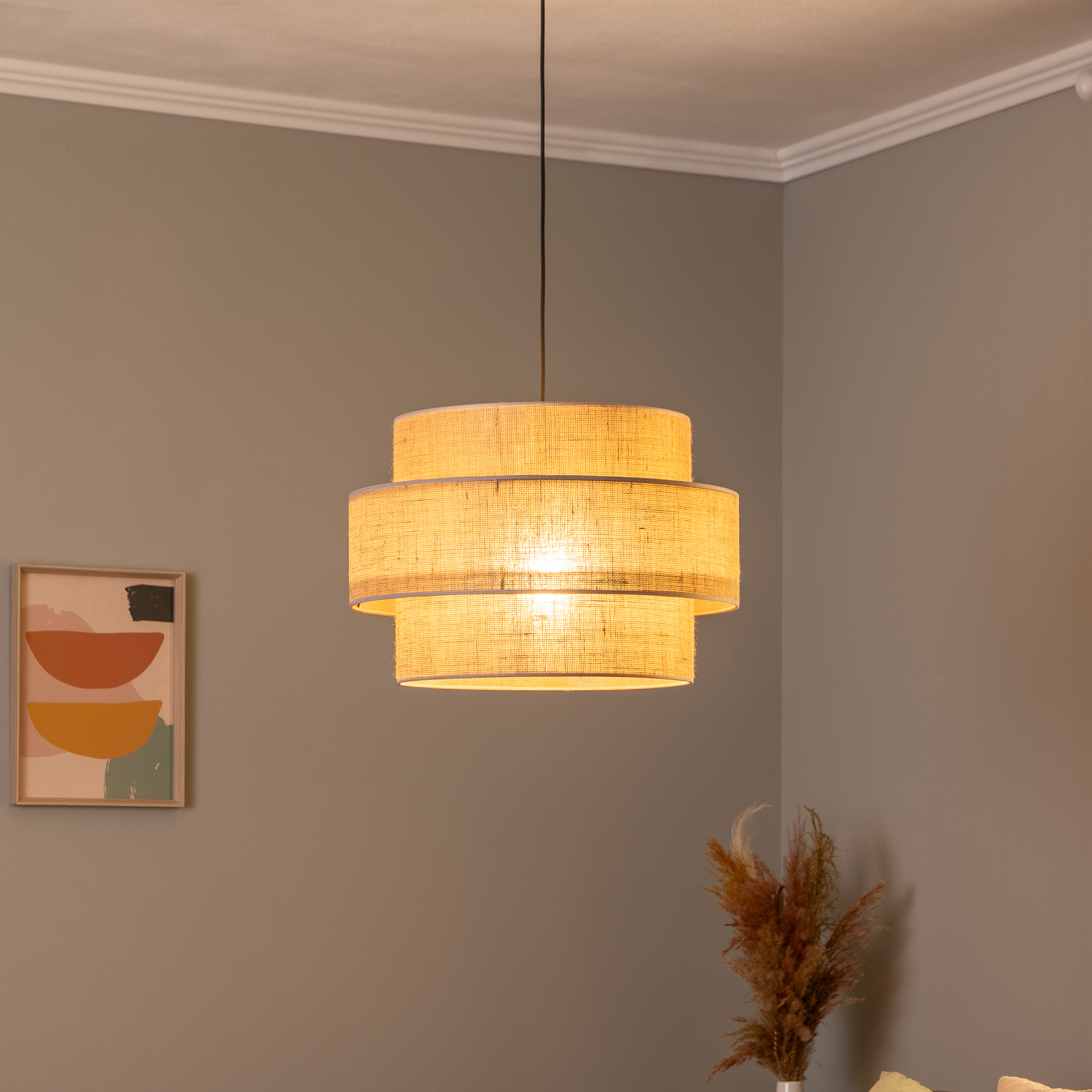 Висяща лампа Calisto, юта, естествено кафяво, единична светлина, Ø 50 cm