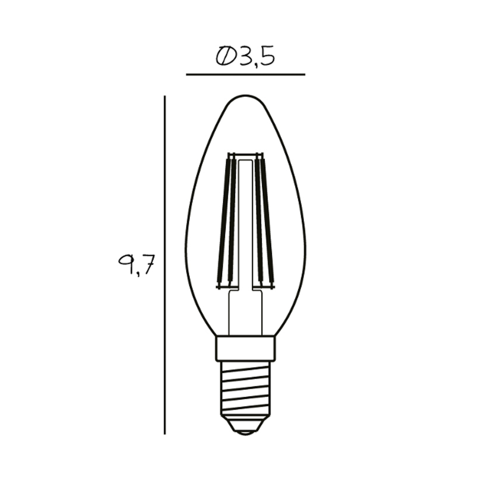 Lâmpada de vela LED, E14, 3,5 W, 2.200 K, filamento, regulável