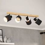 Spot pour plafond Batallas, longueur 63 cm, noir/bois, à 4 lampes.