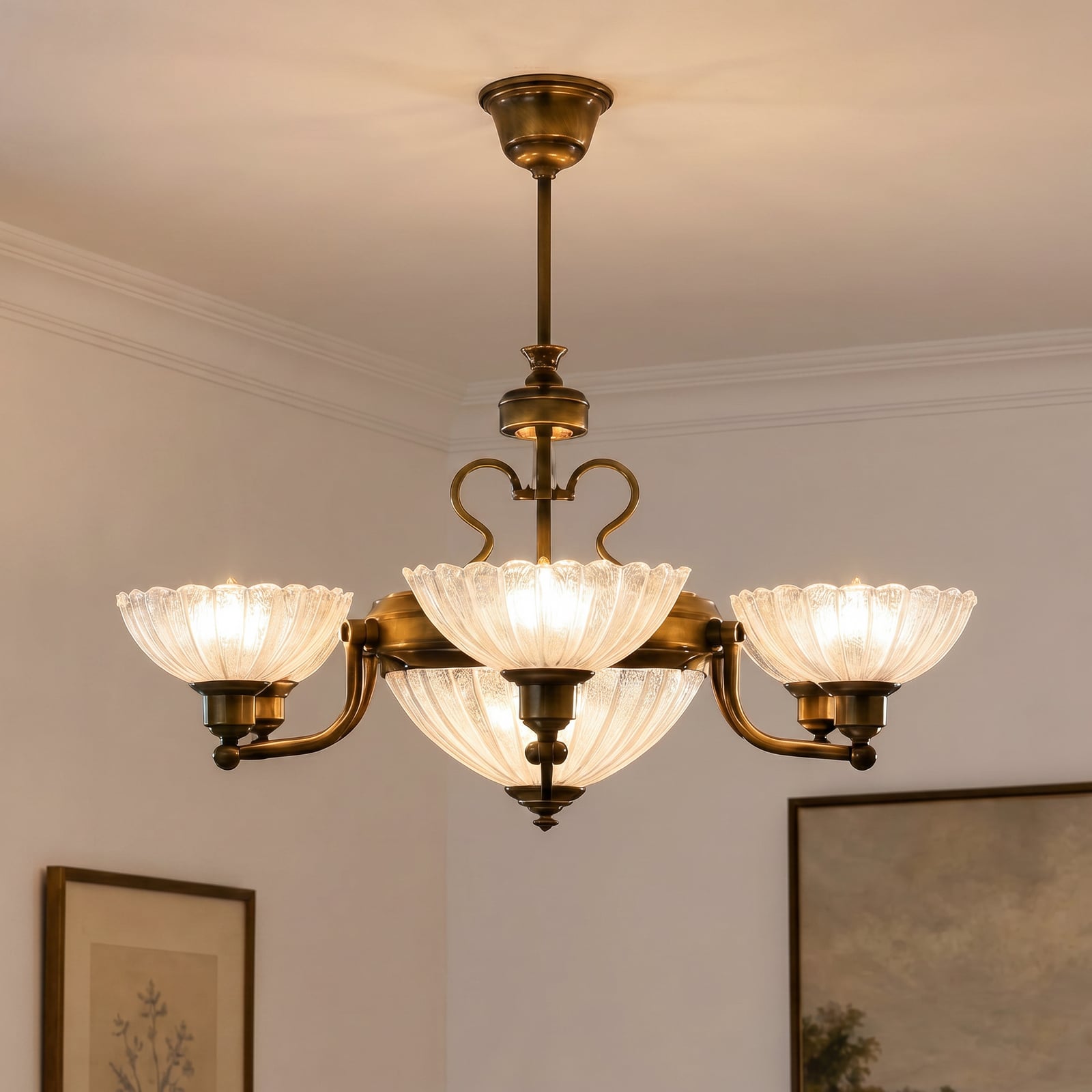 Kroonluchter Carmen, antiek messing, glas, 6-lamps, E27