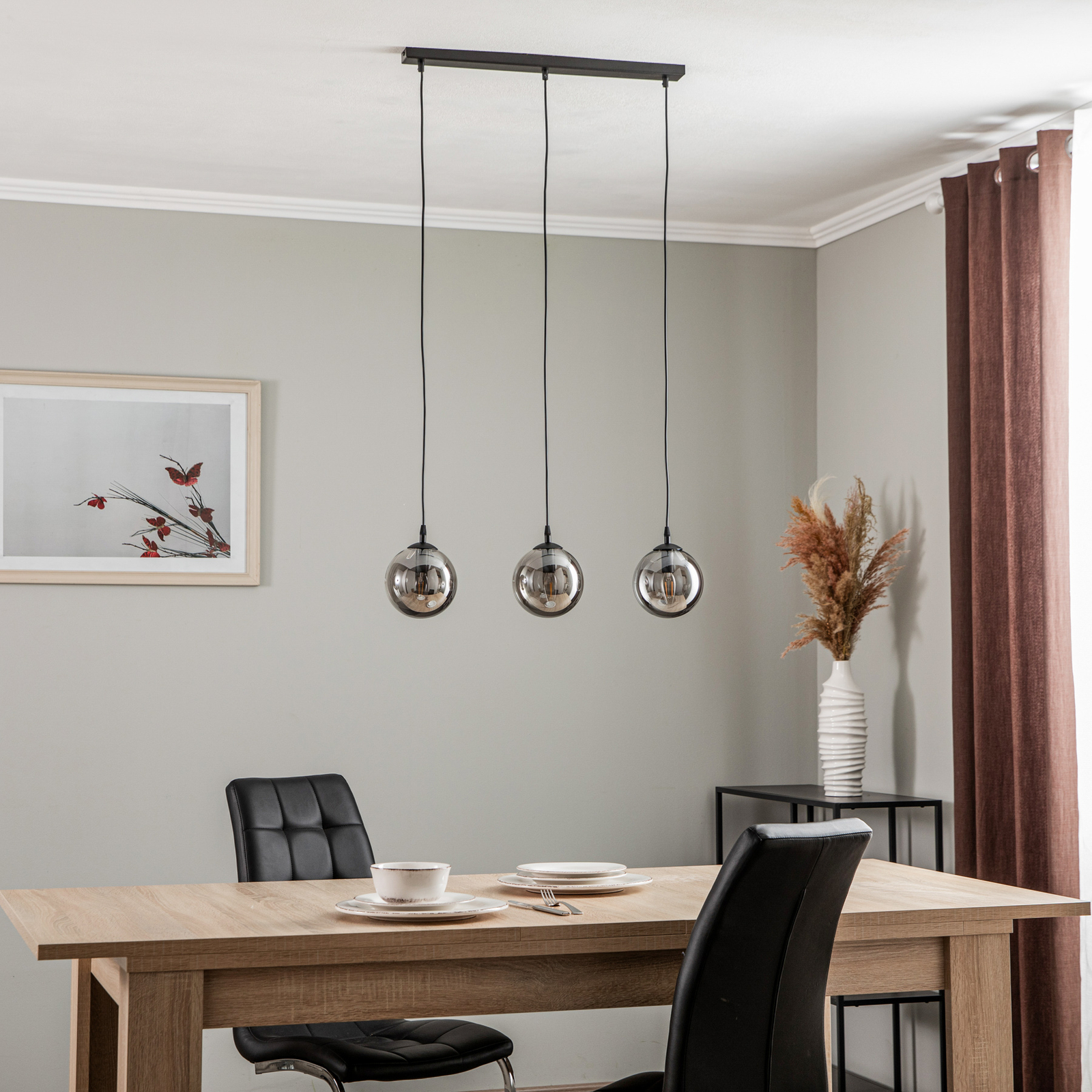 Glassy hanglamp, 3-lamps, recht, zwart, grafiet, glas