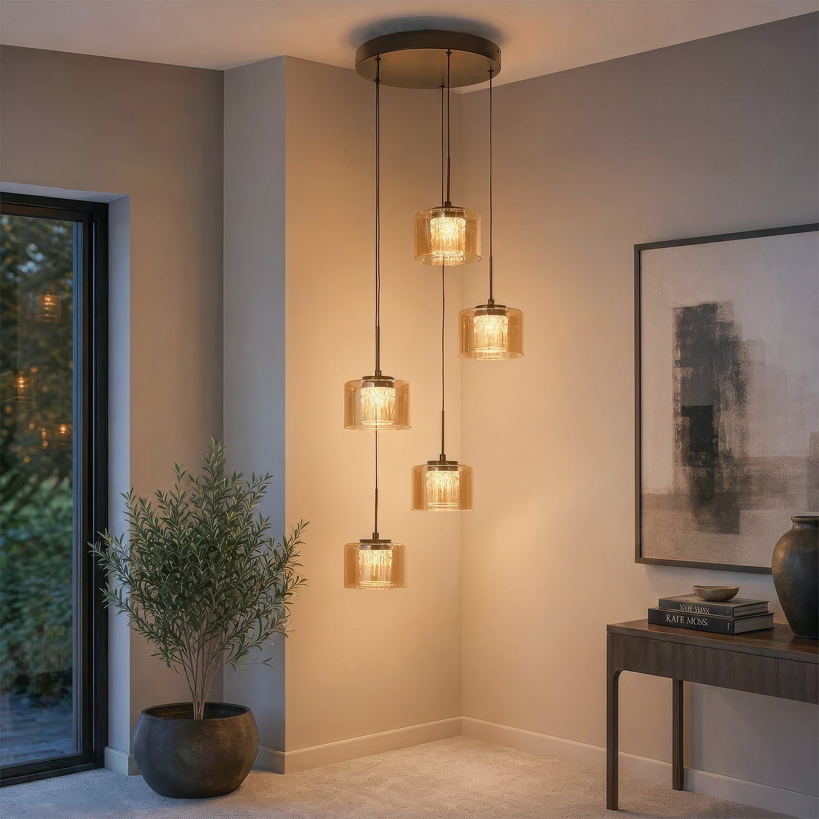 LED-Hängeleuchte Tumblers, 5-fl. rund, bronze, Glas, 3.000 K LED-Hängeleuchte Tumblers, 5-fl. rund, bronze, Glas, 3.000 K