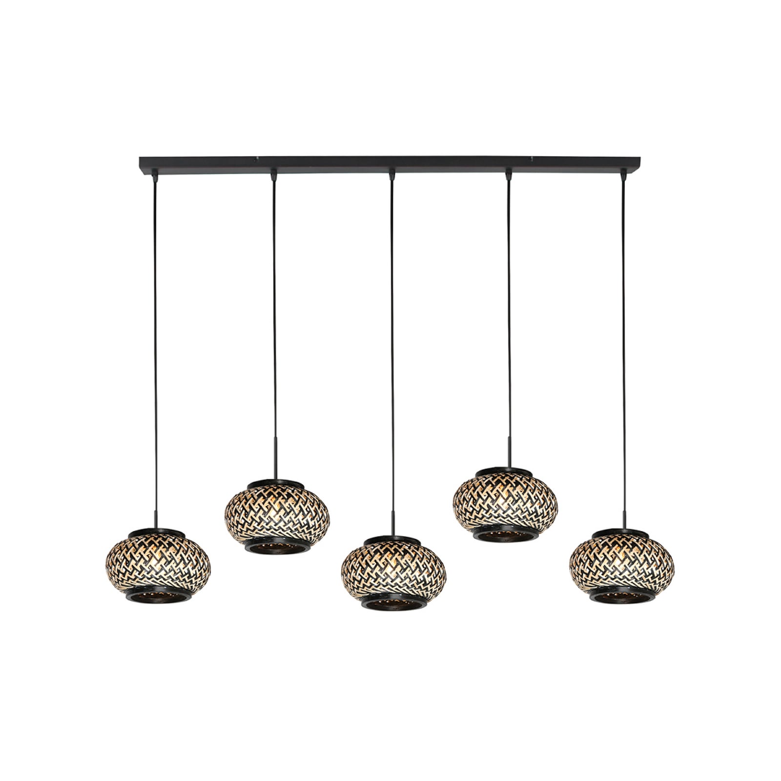 Suspension NoxLight, à 5 lampes, longue, noire, tressage de bambou
