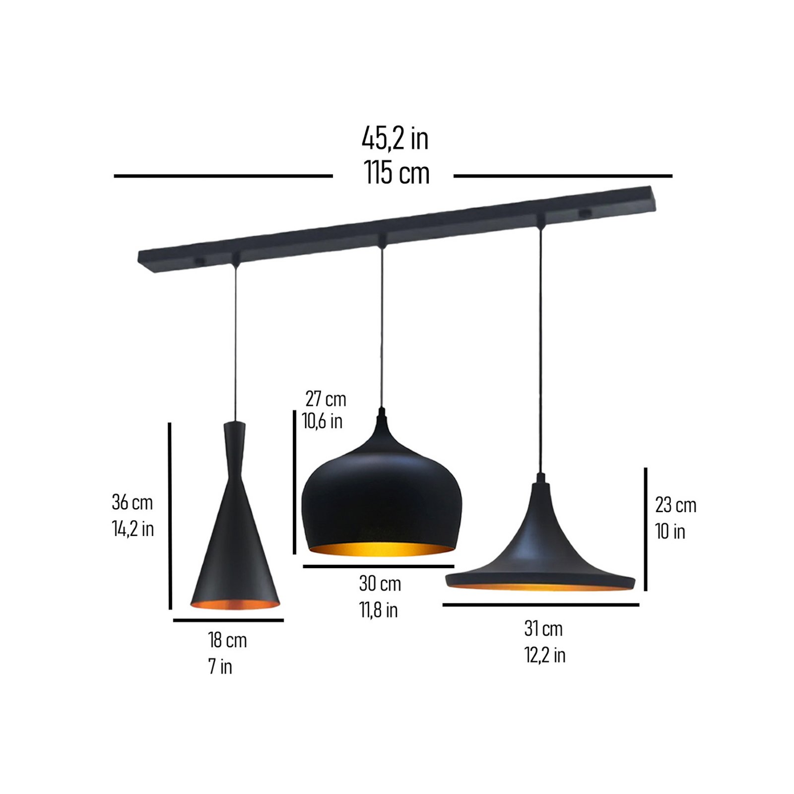 Magna pendant light, length 85 cm, black, metal, 3-bulb.
