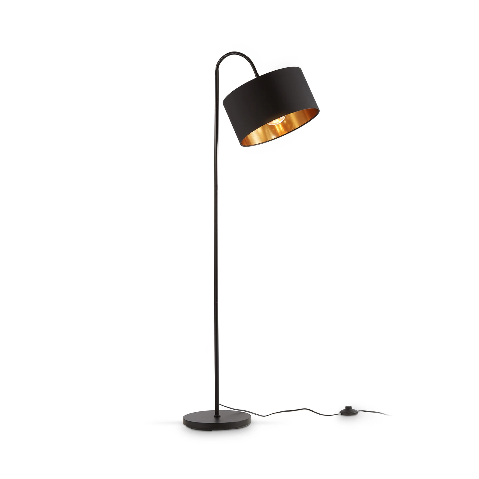 Lampe sur pied Kari, courbé, noir/doré, textile, E27