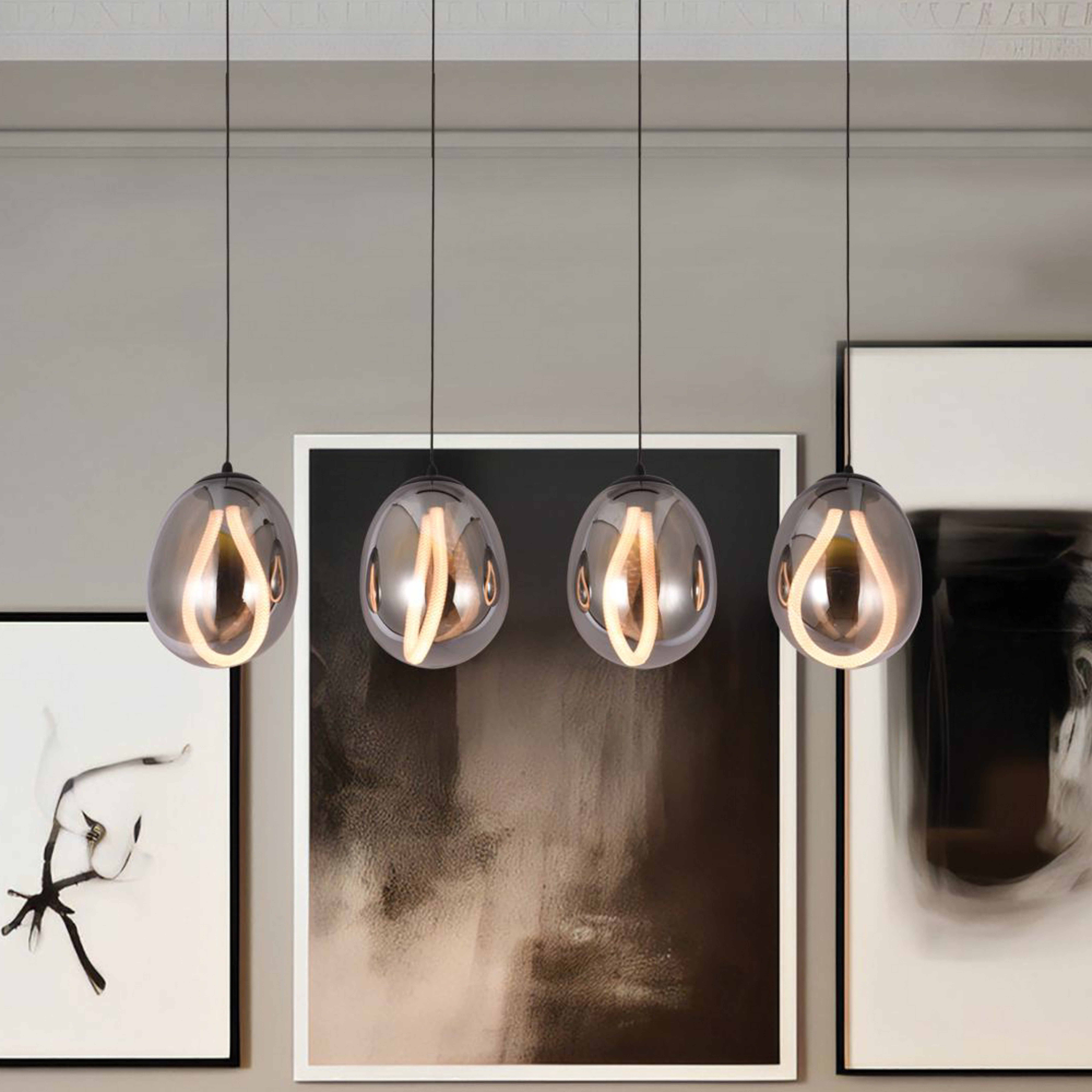 LED-Pendellampe Melanie, Länge 85 cm, rauchgrau, Glas 4-flg.