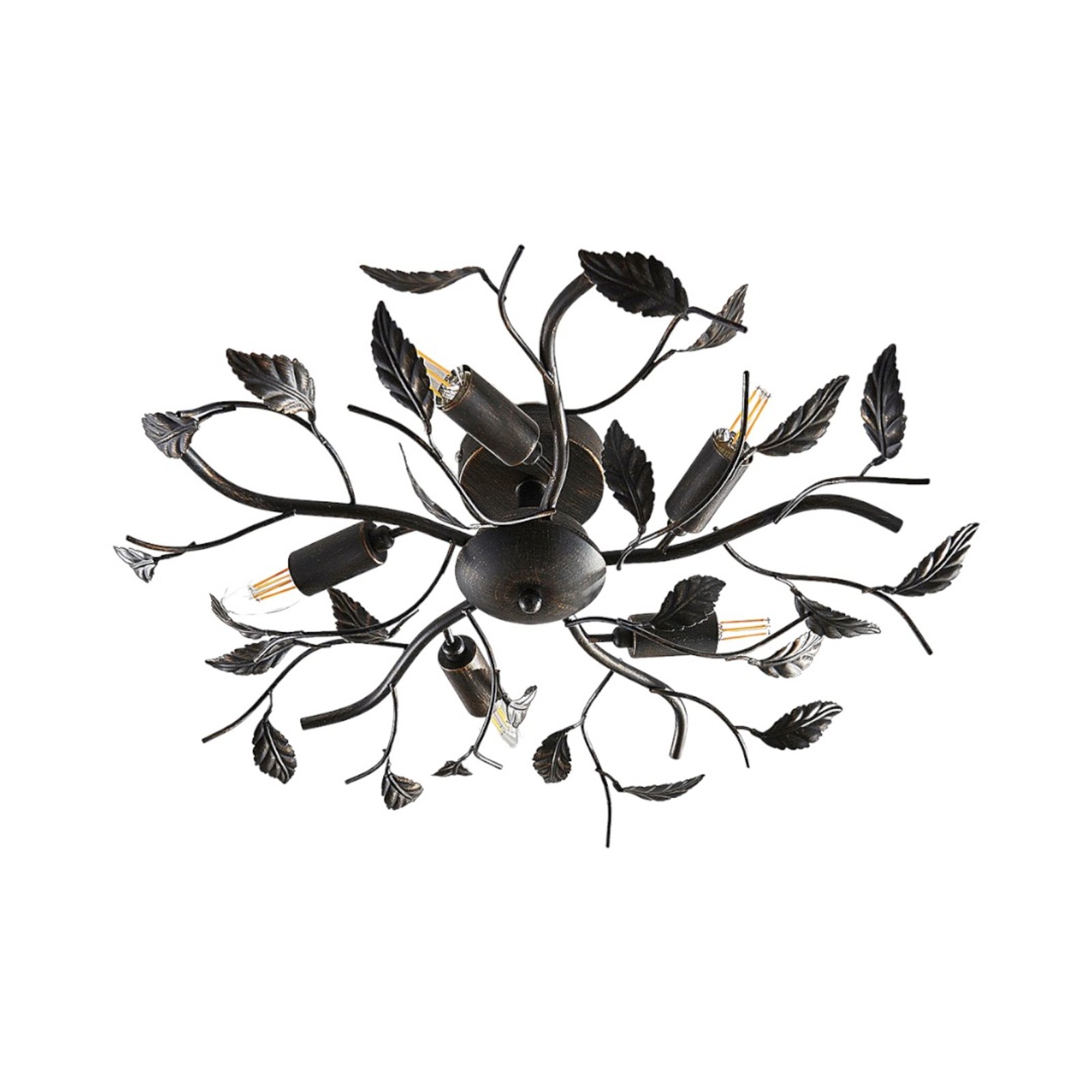 Stropní lampa Yos v dekoru listů, 5bodová, černá