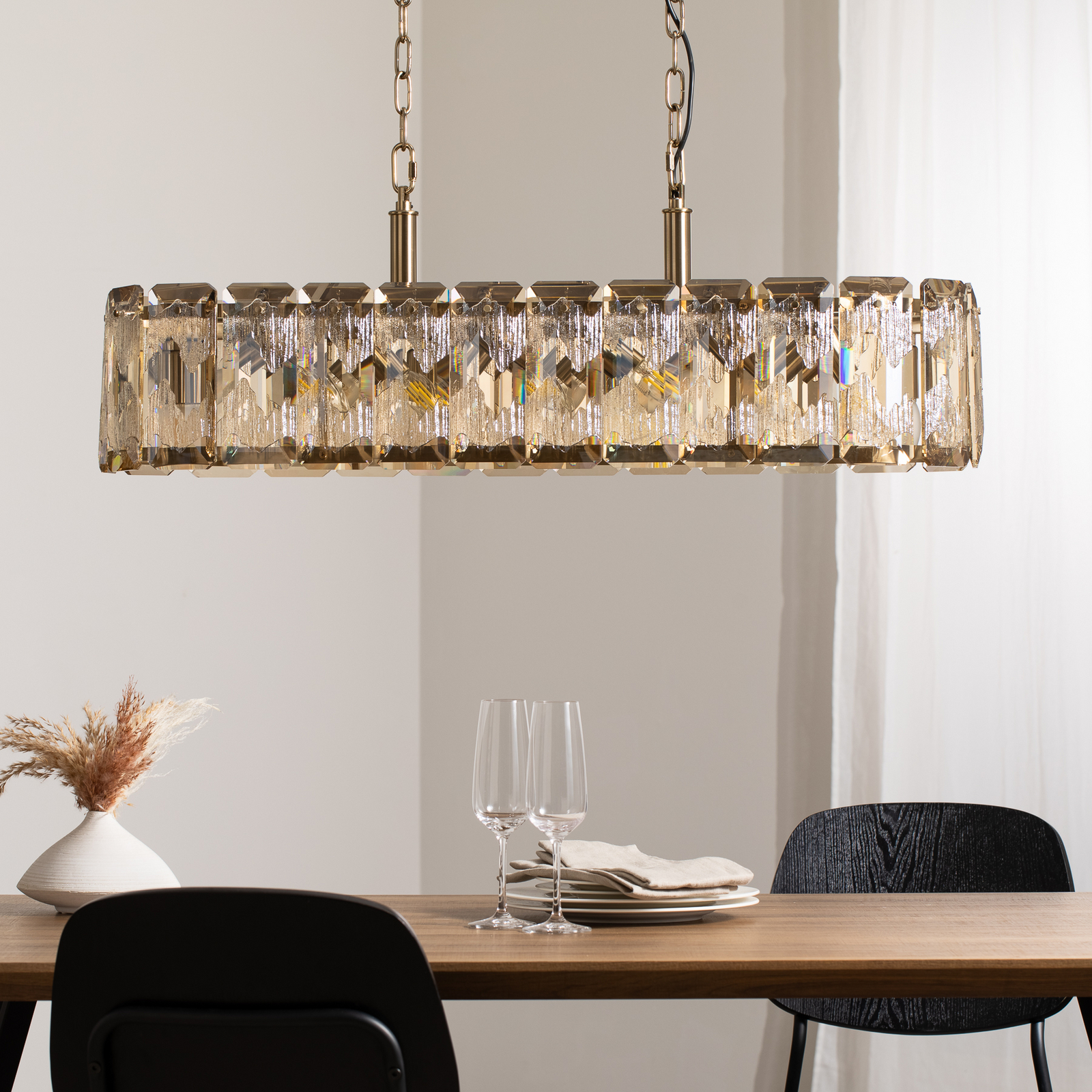 Hanglamp Orvin, messing antiek 96x30 cm glas/metaal 16-lichts.