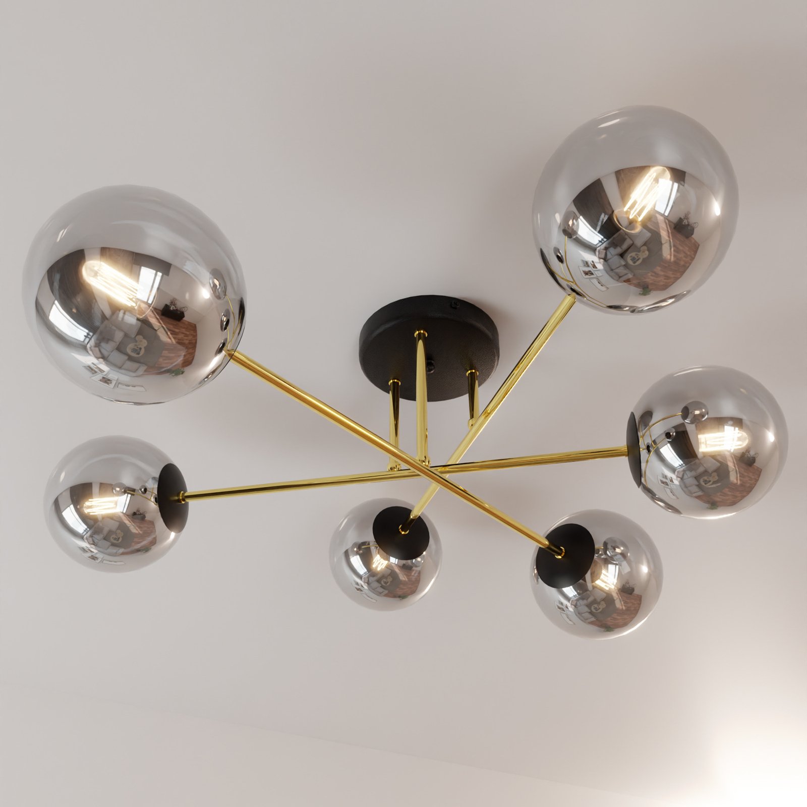 Glassy ceiling light, 6-bulb, black/gold/graphite
