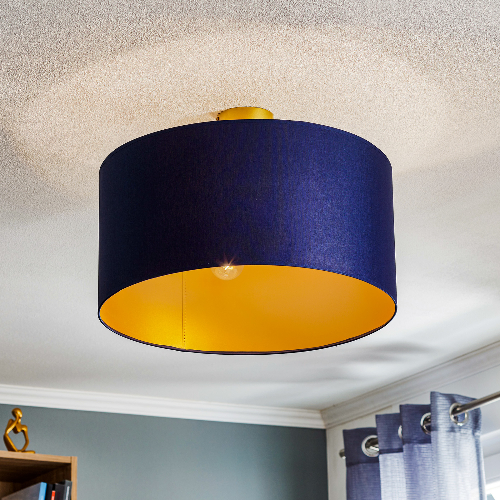 Ben ceiling light, fabric lampshade, navy/gold
