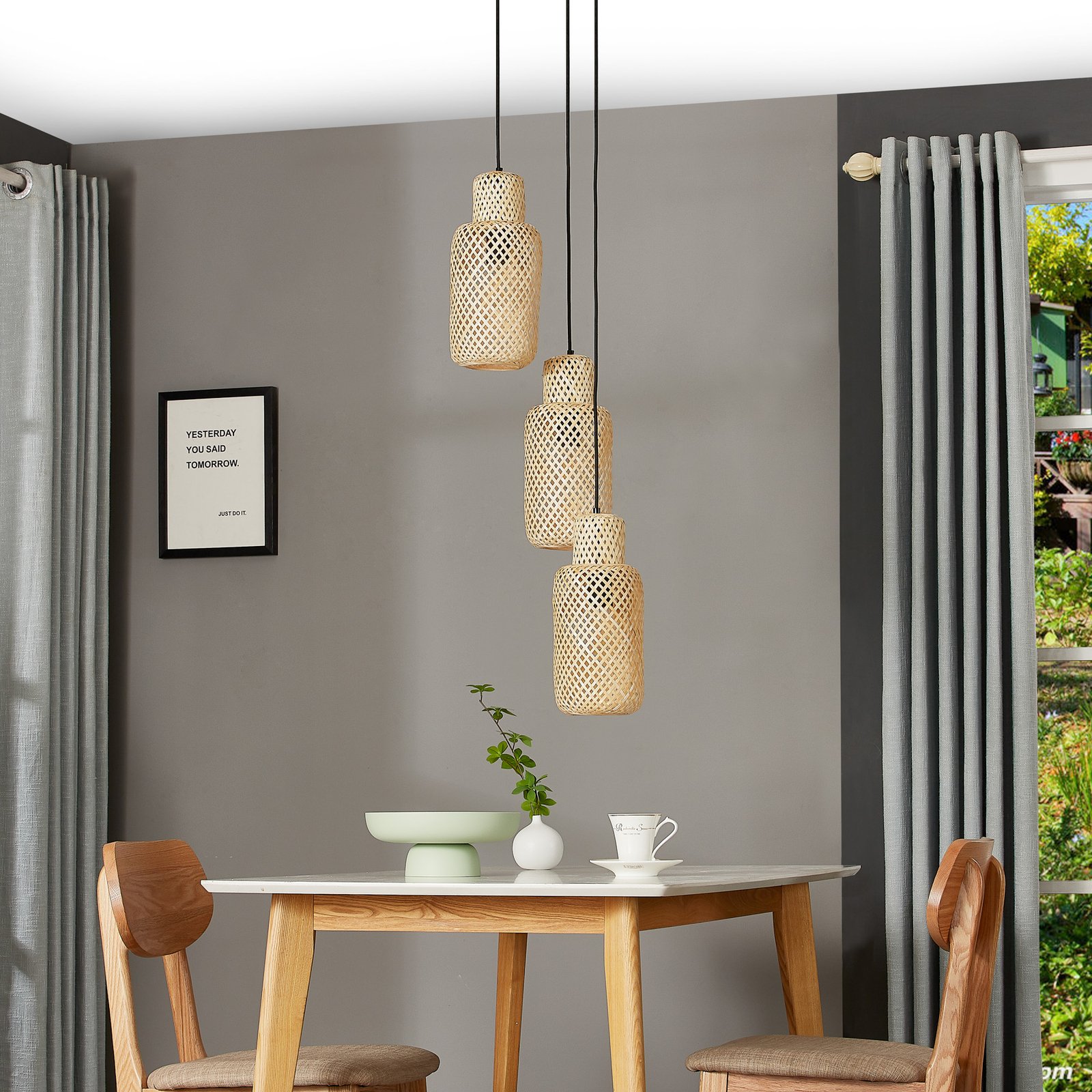 Lindby Venora hanglamp, rond, 3-lamps, Ø 15 cm, bamboe