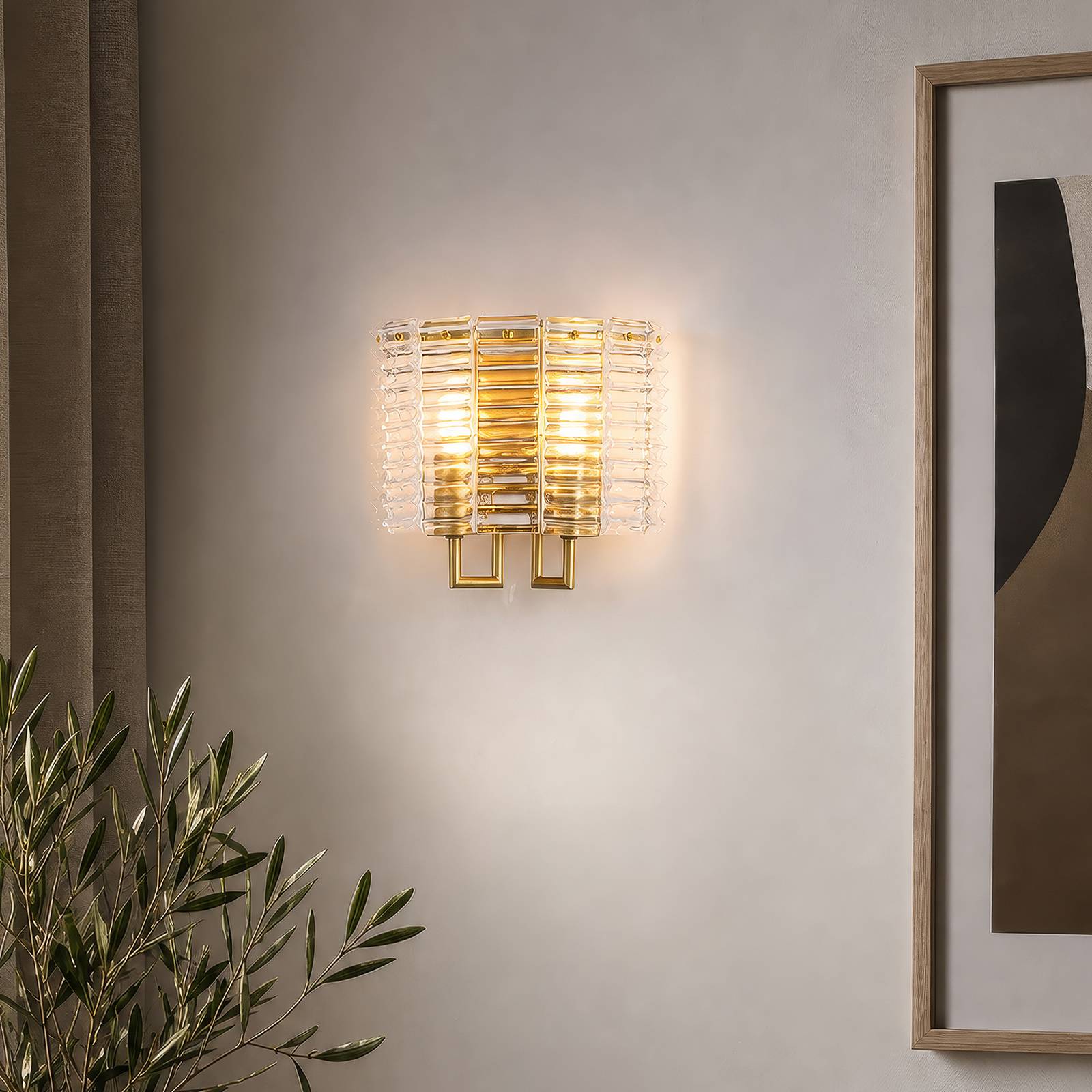 Searchlight Wandlamp Flute, goudkleurig/transparant, glas, metaal, E14